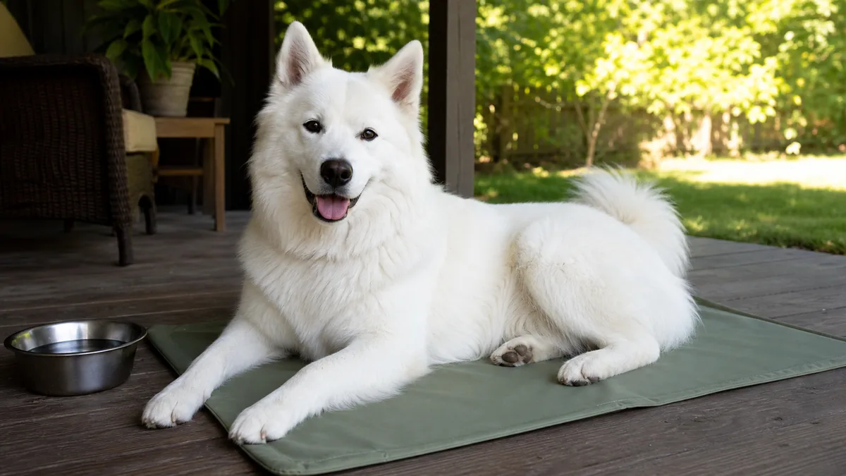 A large fluffy pure-white thick stand-off double-coat erect-triangular-ear smiling-mouth plumed-tail spitz-shape dog lying belly-down calmly on a plain solid sage-color gel cooling mat on the wood plank decking of a shaded covered porch on a bright summer afternoon, dramatic contrast between deep cool porch shade and the bright sunlit backyard beyond, a plain unbranded stainless water bowl within easy reach