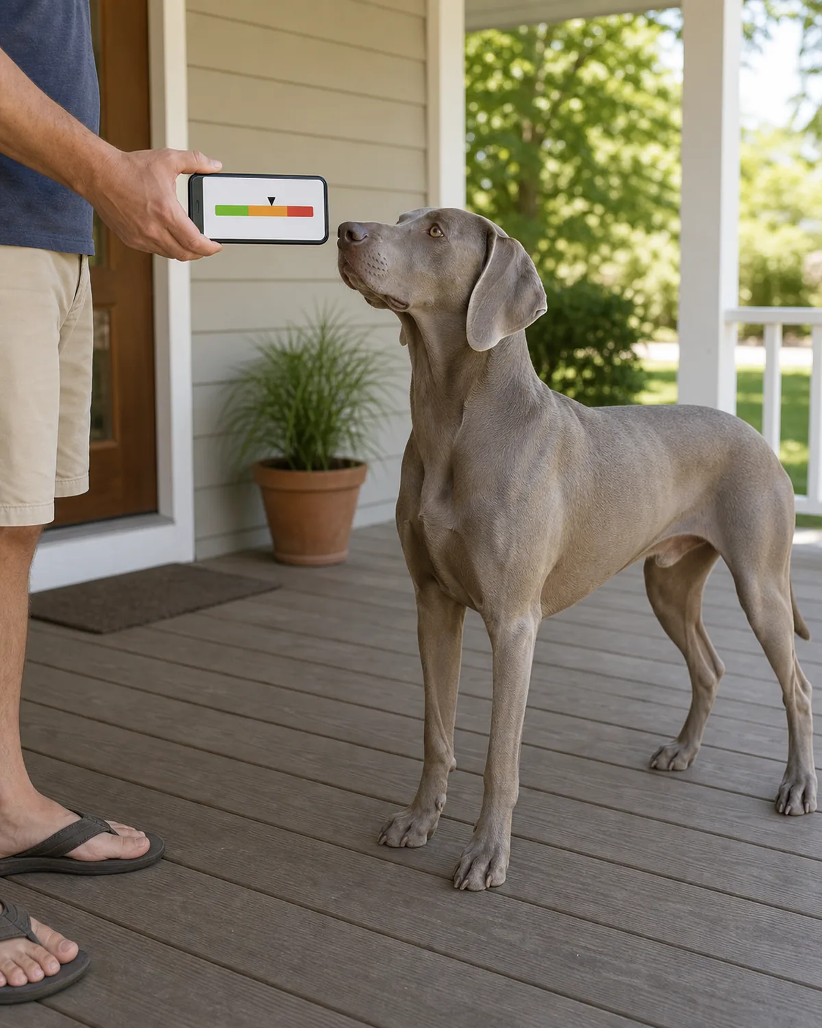 A large sleek solid silver-grey short-smooth-coat long-floppy-ear deep-chested lean tall pointer-shape dog standing calmly in profile on a shaded front porch beside the owner holding a phone showing a simple icon-style heat-index meter with three color zones, no readable text