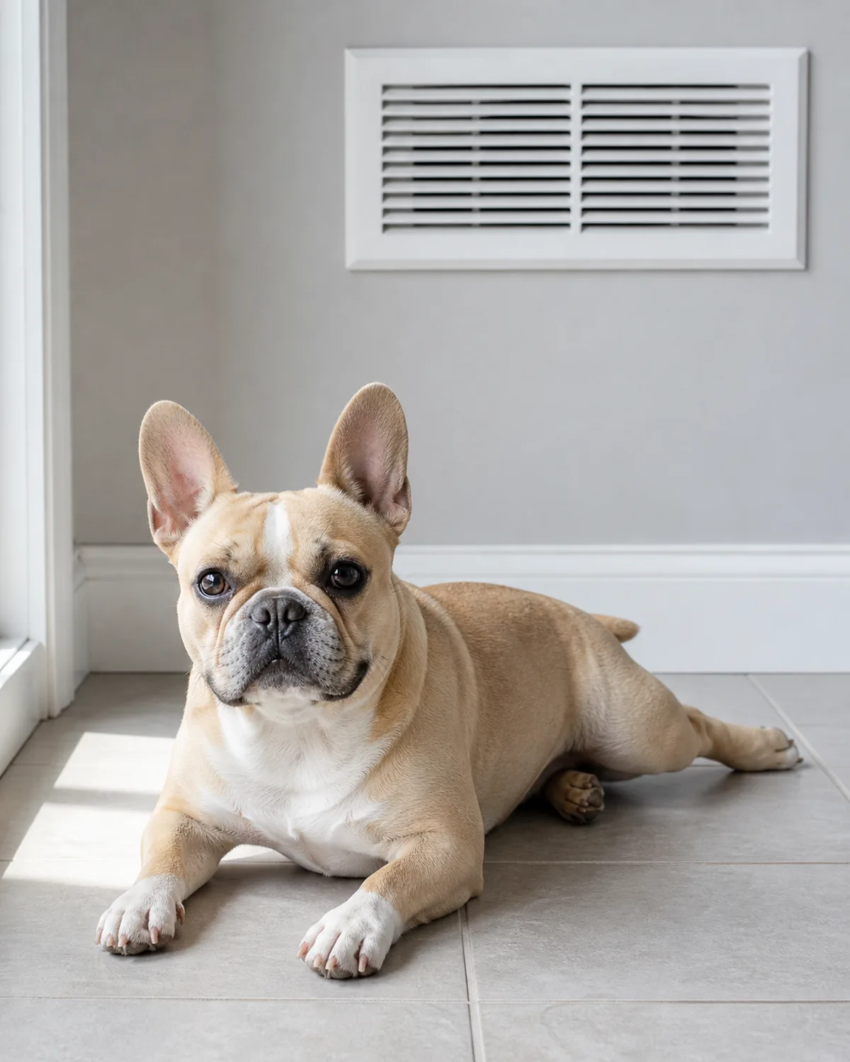 A small fawn-and-white compact bat-eared flat-faced short-muzzled muscular small frenchie-shape dog lying calmly on a clean porcelain tile floor in front of a plain white indoor AC vent on the wall above, brachycephalic features rendered gently with a calm relaxed posture, no distress