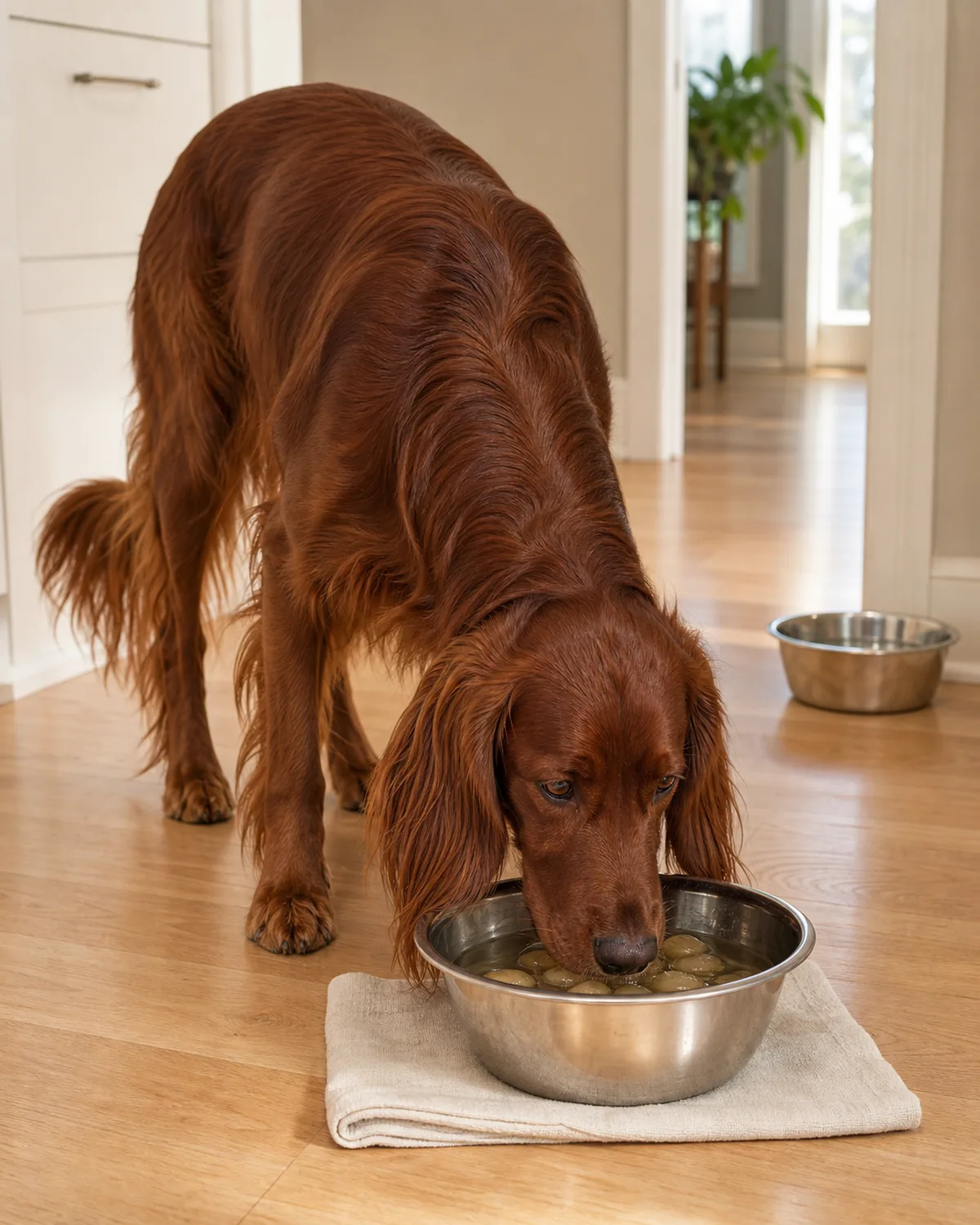 A medium-large lean glossy deep-mahogany-red long-silky-feathered-coat long-floppy-ear long-muzzle setter-shape dog drinking calmly from a plain unbranded stainless steel bowl with clear-amber broth-ice cubes floating, a second plain stainless steel bowl visible in soft-focused background