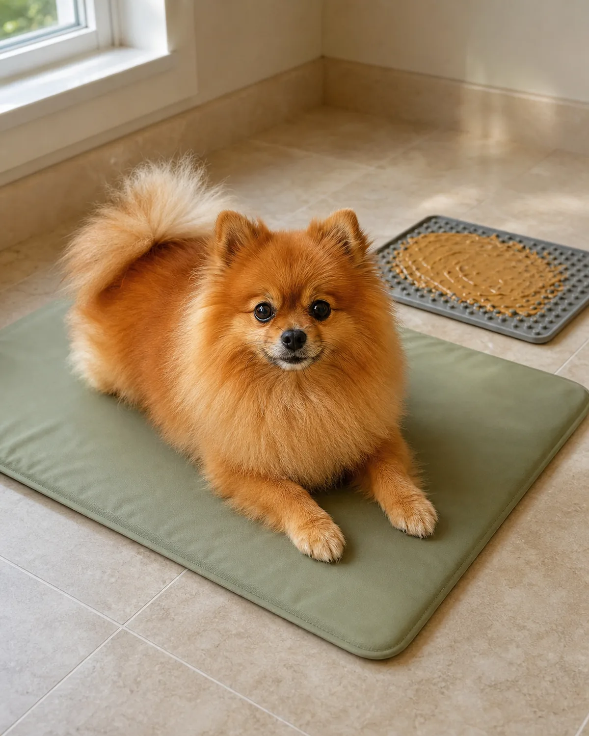 A tiny fluffy orange profuse-double-coat tiny-erect-ear foxy-face plumed-tail-curled-over-back pomeranian-shape dog lying belly-down calmly on a plain solid sage-color gel cooling mat on porcelain tile floor, a plain solid soft-grey rubber frozen lick mat with smeared peanut-butter-and-broth visible in the soft-focused background