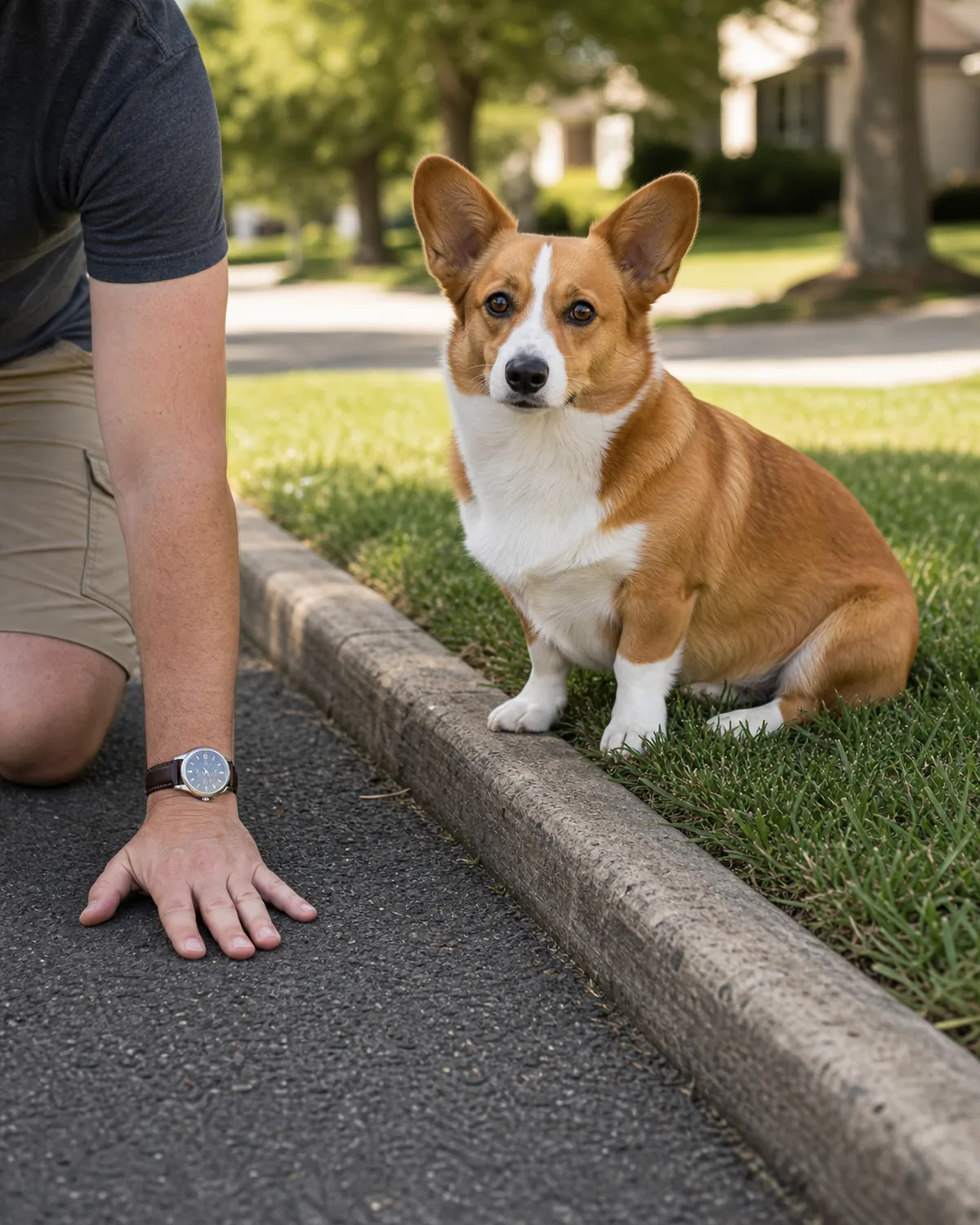 A small short-leg long-low-body red-and-white smooth-coat oversized-erect-ear foxy-face corgi-shape dog sitting calmly on grass at the curb edge while the owner kneels and places the back of one hand flat on sun-baked asphalt for a 7-second pavement test, a plain analog wristwatch visible