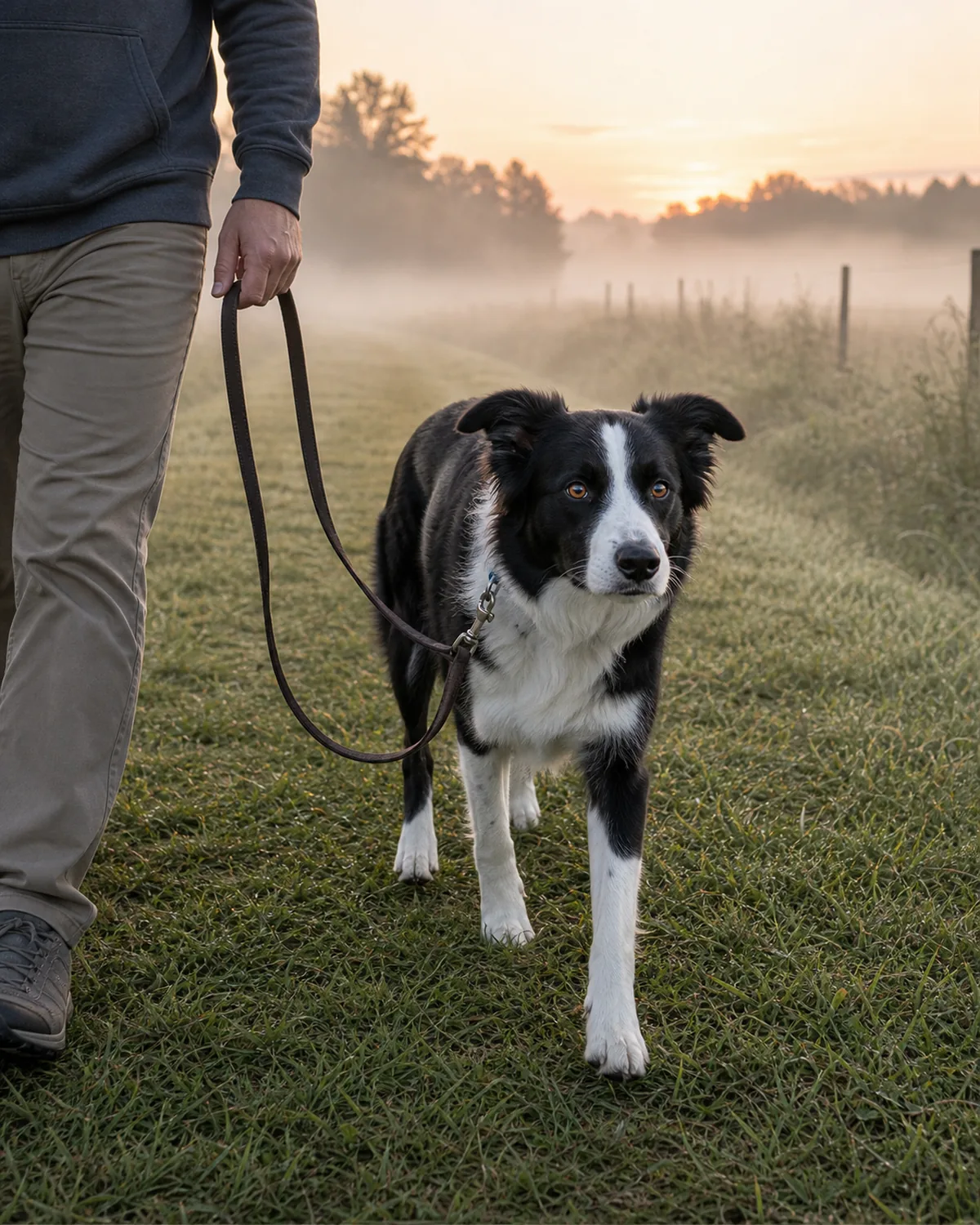 A medium athletic black-and-white tuxedo white-blaze-collar-chest-socks medium-coated semi-erect-ear intense-gaze border-collie-shape dog walking calmly on grass beside the owner in soft dawn-fog light with a low golden-pink horizon, leash in a loose J-shape, clearly not midday