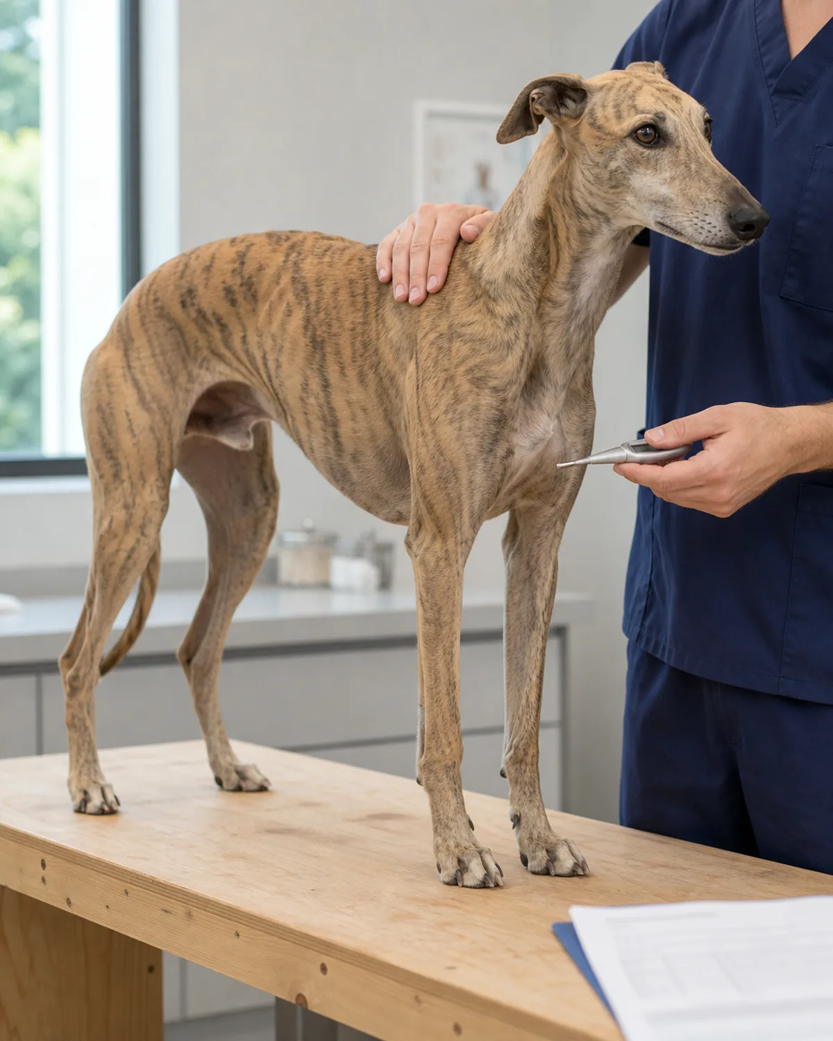 A medium-large lean deep-chested arched-loin tucked-waist very-long-slim-leg short-fawn-brindle-coat rose-folded-semi-erect-ear long-muzzle sighthound-shape dog standing calmly in profile on a plain unfinished wood vet exam table with the vet's hand resting on the shoulder and a plain stainless silver-handled digital thermometer held ready, plain unbranded chart out of focus