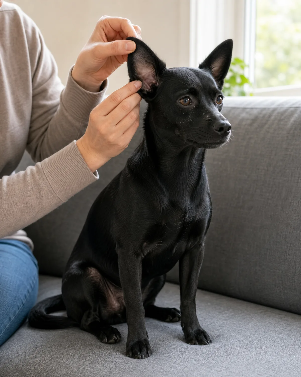 A small glossy solid jet-black short-smooth-coated half-pricked fox-eared sharp-foxy-snouted compact dog sitting on a plain matte mid-grey fabric sofa in soft warm mid-morning natural daylight, the owner leaning in and gently lifting one half-pricked ear forward to peek inside the pinna interior