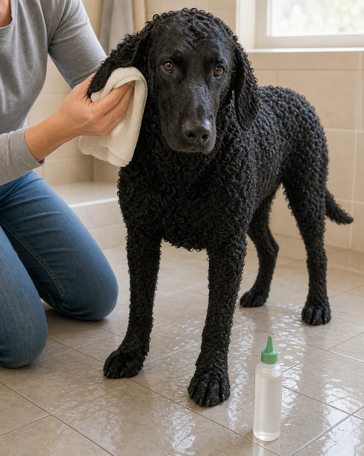 A large athletic curly-coated all-over solid black tight-curls half-droopy-eared muscular webbed-paw dog standing on a clean plain neutral bathroom tile floor freshly damp from a bath in soft warm bathroom daylight, the owner kneeling beside gently towel-patting the inside of one half-droopy pinna with a folded plain cotton towel, a plain unbranded clear drying-ear-solution bottle with a distinctive sage green cap sitting on the tile beside