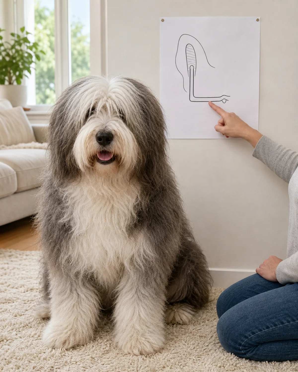 A medium-large dog with a thick shaggy grey-and-white long double coat and an abundant face fringe of hair sitting quietly on a soft natural-fiber cream rug in a sunlit living room, the owner kneeling beside and pointing at a plain paper diagram on the wall showing a simple hand-drawn L-shaped ear canal