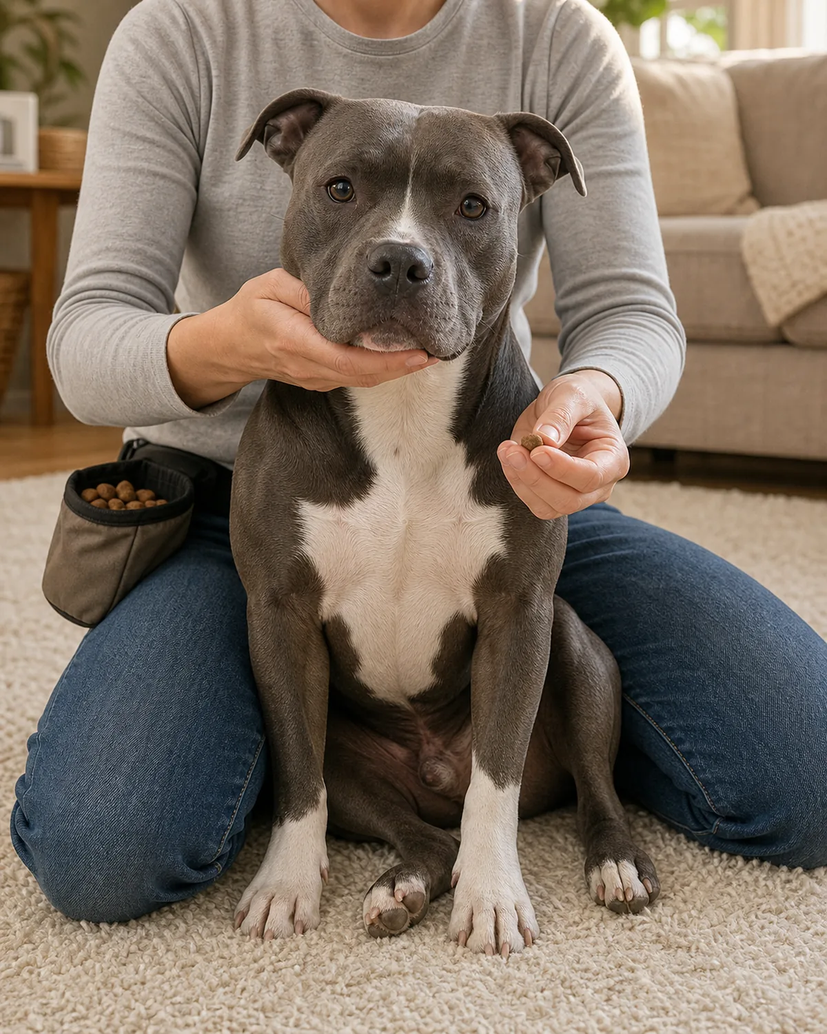 A medium muscular blue-grey-and-white short-smooth-coated broad-blocky-head wide-set-eyes half-rose-eared strong-jawed dog sitting calmly on a soft natural-fiber cream rug in a living room in soft warm late-afternoon daylight, the back leaning gently against the cross-legged seated owner, clearly bracketed between the owner's knees facing outward, one gentle hand cupping the dog's jaw to lift and the other open hand offering a single small pea-sized treat at the dog's mouth level
