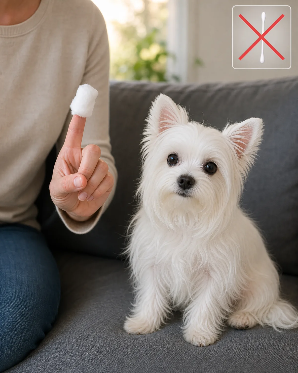 A tiny pure-white silky-smooth long-coated tiny-erect-eared sweet-round-face miniature small dog sitting calmly on a plain matte mid-grey fabric sofa in soft warm late-afternoon natural daylight, the owner beside holding a plain white fluffy cotton ball clearly wrapped around the tip of the index finger as a demonstration, a small warning-sign inset in the upper-right corner showing a single Q-tip silhouette crossed out with a bright red diagonal slash