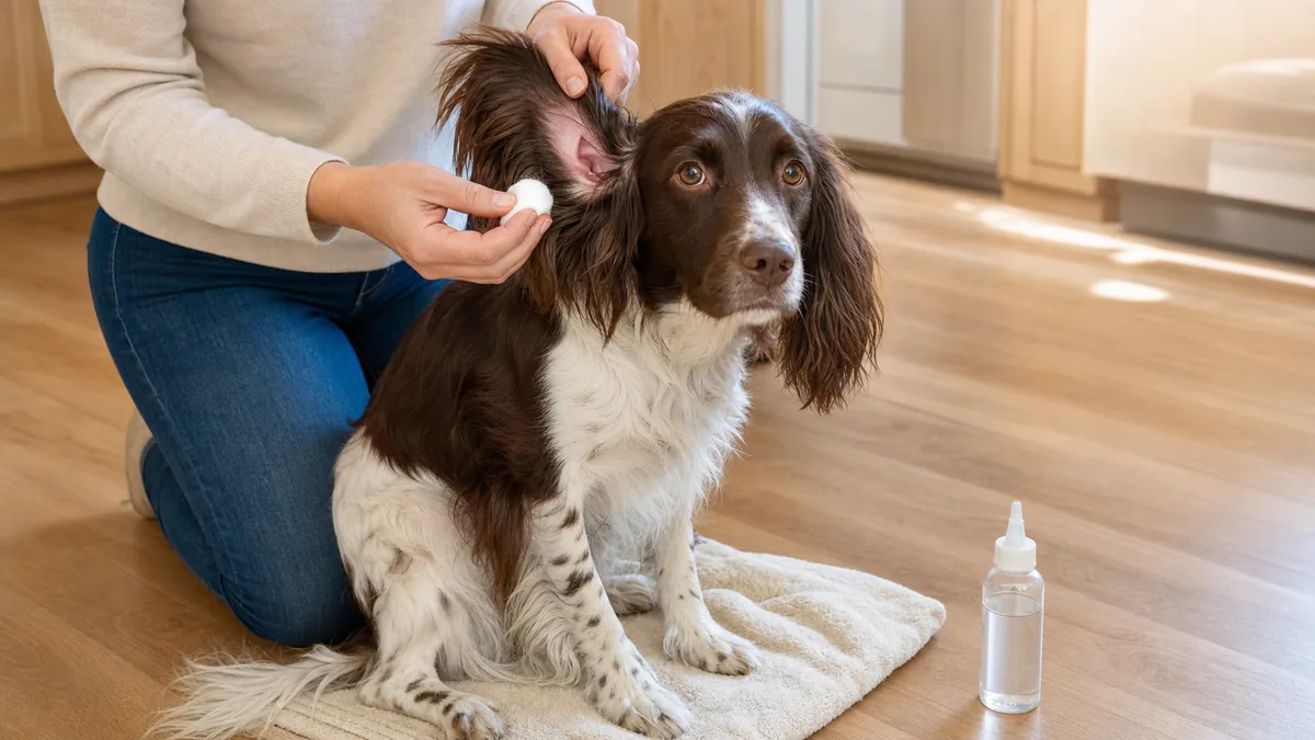 A medium dog with a silky chocolate-and-white medium-long coat and long heavily feathered floppy drop ears sitting quietly between the kneeling owner’s knees on a clean light hardwood kitchen floor, the owner lifting one long feathered ear upward to expose the pale pink pinna interior while cradling a fluffy plain white cotton ball at the ear entrance, a plain unbranded clear ear-cleaner bottle on the floor nearby