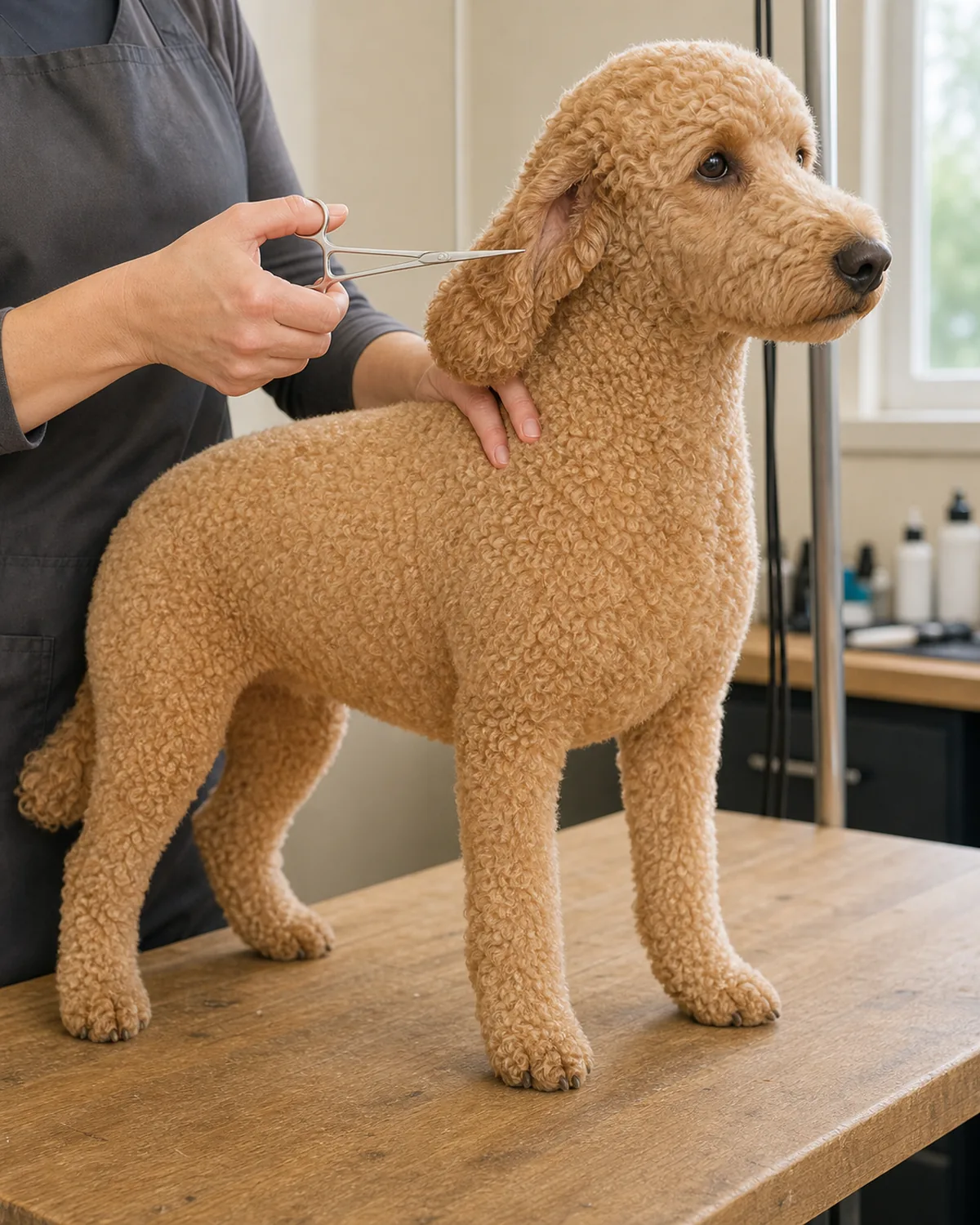 A medium apricot tight-curly dense-curls-all-over rounded sport-clipped long-snouted alert poodle-shape dog standing calmly in profile on a plain unfinished wood grooming table in a softly lit pet groomer room, the groomer's face out of frame in a plain neutral grooming apron holding a plain stainless-steel hemostat-style instrument hovering near but clearly not inside the dog's ear canal, the other gentle hand resting on the dog's shoulder for steadiness