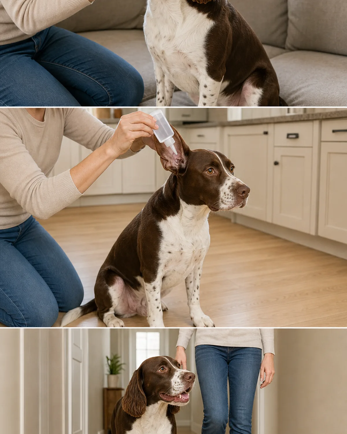 A medium glossy liver-and-white short-coated long-floppy-eared compact muscular spaniel-shape dog shown across three clean side-by-side vertical panels stacked top-to-bottom, top panel sitting calmly on a plain matte sofa with the owner gently lifting one floppy ear for a visual check, middle panel sitting calmly on a clean light hardwood kitchen floor with the owner holding the same plain ear-cleaner bottle hovering at the ear, bottom panel walking calmly through a quiet plain hallway alongside the owner with no tools in frame