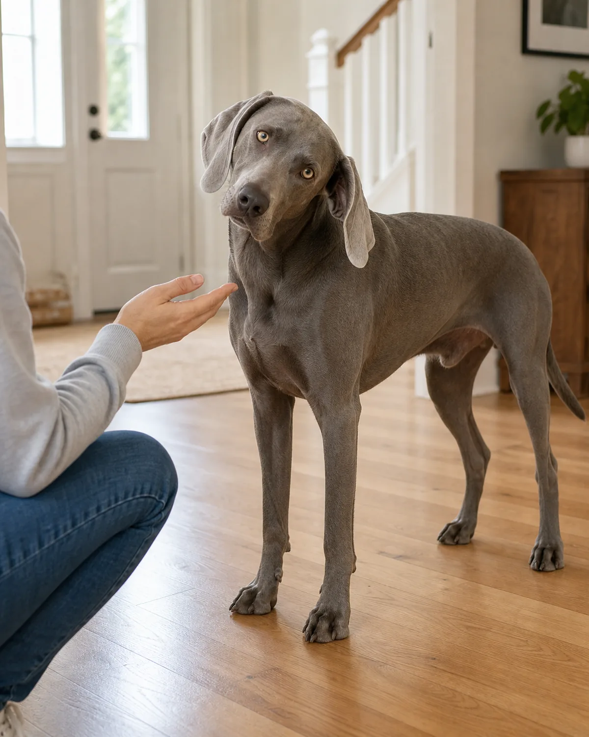 A medium-large silver-grey short-smooth-coated long-floppy-eared deep-chested lean tall pointer-shape dog standing in profile on a clean light hardwood floor in soft warm late-morning daylight with the head tilted noticeably to one side, the owner crouching nearby with one hand extended toward but not touching the tilted ear