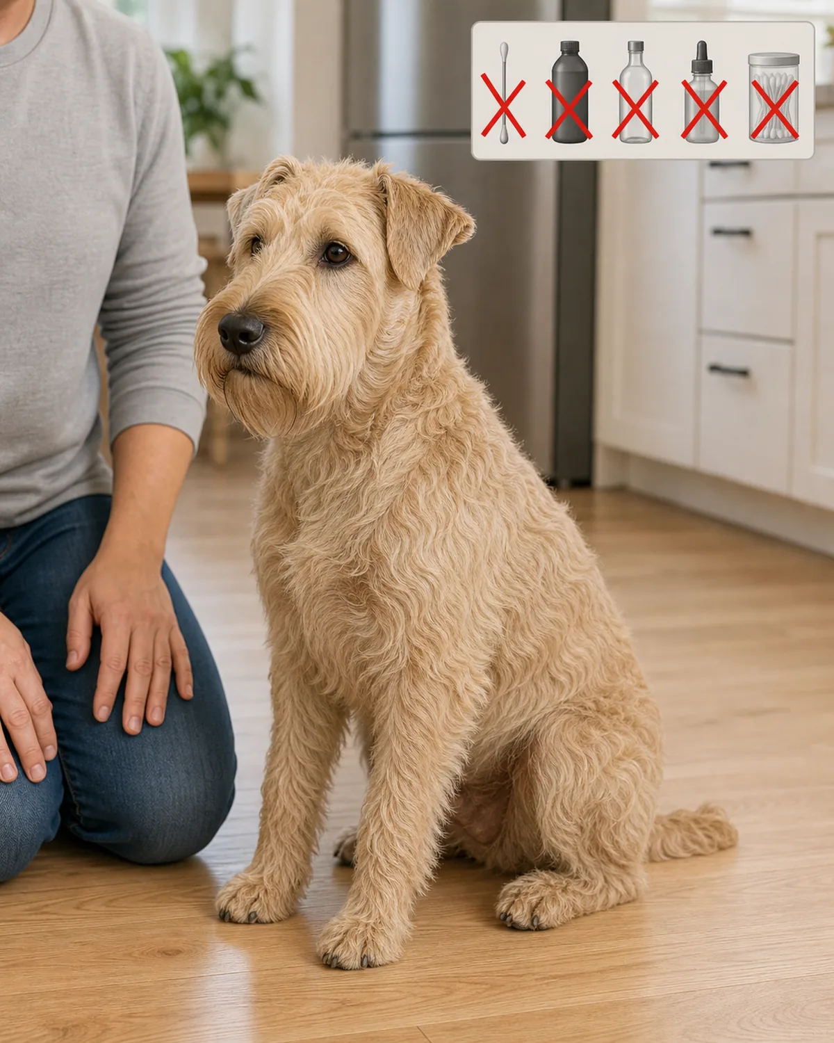A medium athletic solid wheaten-colored soft-wavy-long-coated folded V-shape-eared rectangular-headed terrier-shape dog sitting calmly in profile on a clean light hardwood kitchen floor in soft warm mid-morning daylight, the owner's hands at the sides not touching the dog, a small warning-sign inset in the upper-right corner showing five small silhouette icons in a clean row β a cotton swab, a hydrogen-peroxide bottle, a vinegar bottle, a human ear-drop bottle, and a cotton-swab jar β each crossed out with a bright red diagonal slash