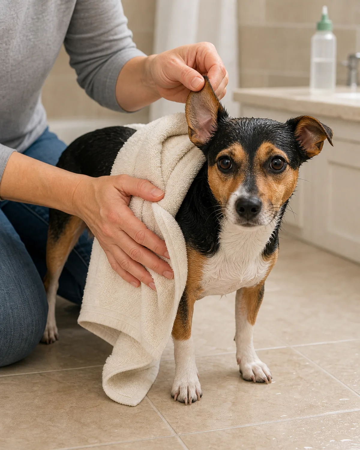 A small compact tricolor smooth-short-coated folded rose half-erect-eared sturdy alert square small terrier-shape dog standing calmly on a plain neutral bathroom tile floor in soft warm bathroom daylight freshly damp from a bath, the owner kneeling beside mid-towel-wrap with one hand holding a folded cream cotton towel around the dog's body and the other gentle hand lifting one half-erect ear for a quick post-bath visual check