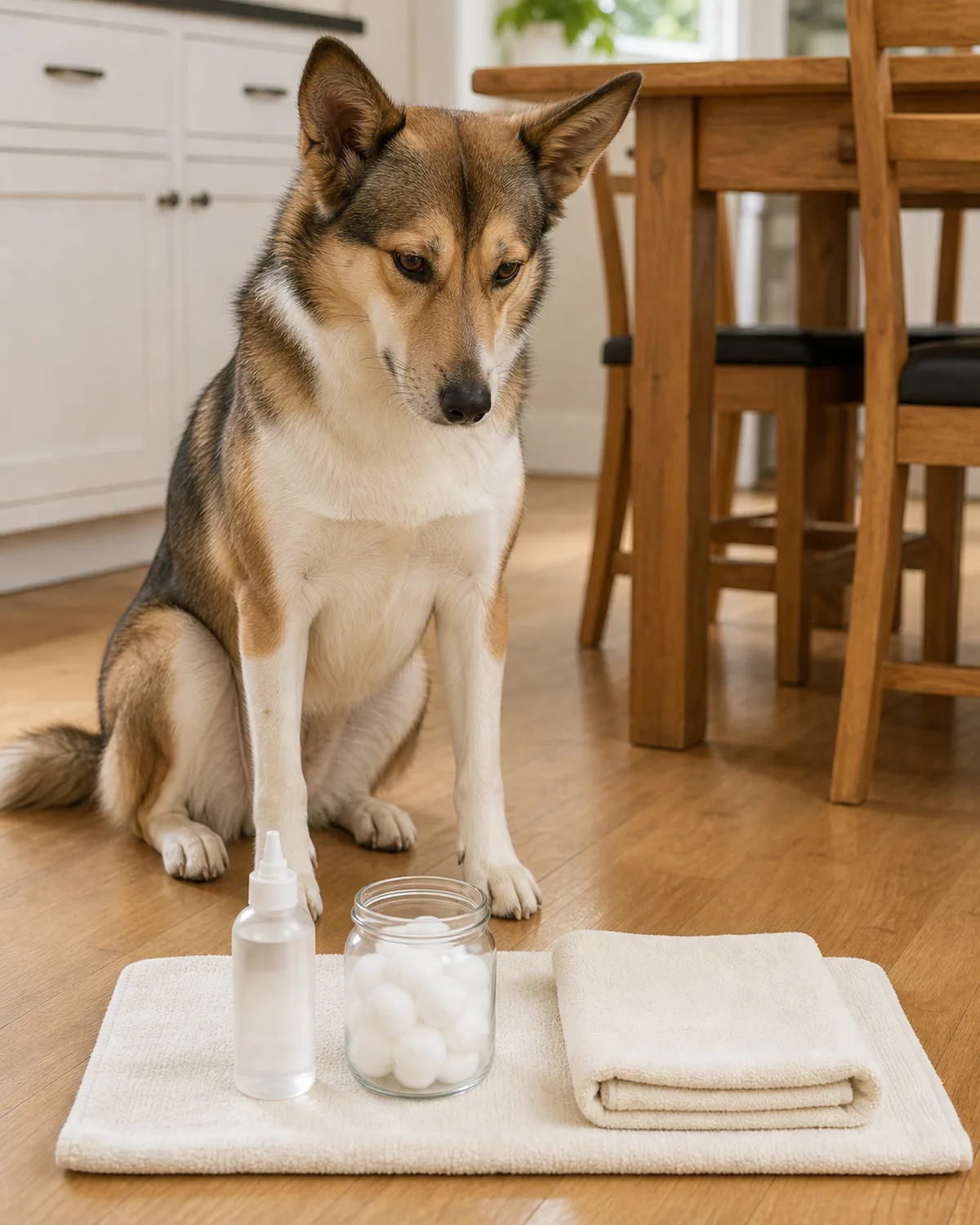 A medium sable-and-white medium-double-coated half-erect-eared long-snouted sturdy compact dog sitting upright at the foot of a plain wood kitchen table in soft warm mid-morning daylight, three items neatly arranged on a folded cream cotton mat on the floor in front of the dog: a plain unbranded clear ear-cleaner bottle, an open clear glass jar of cotton balls, and a folded cream cotton towel