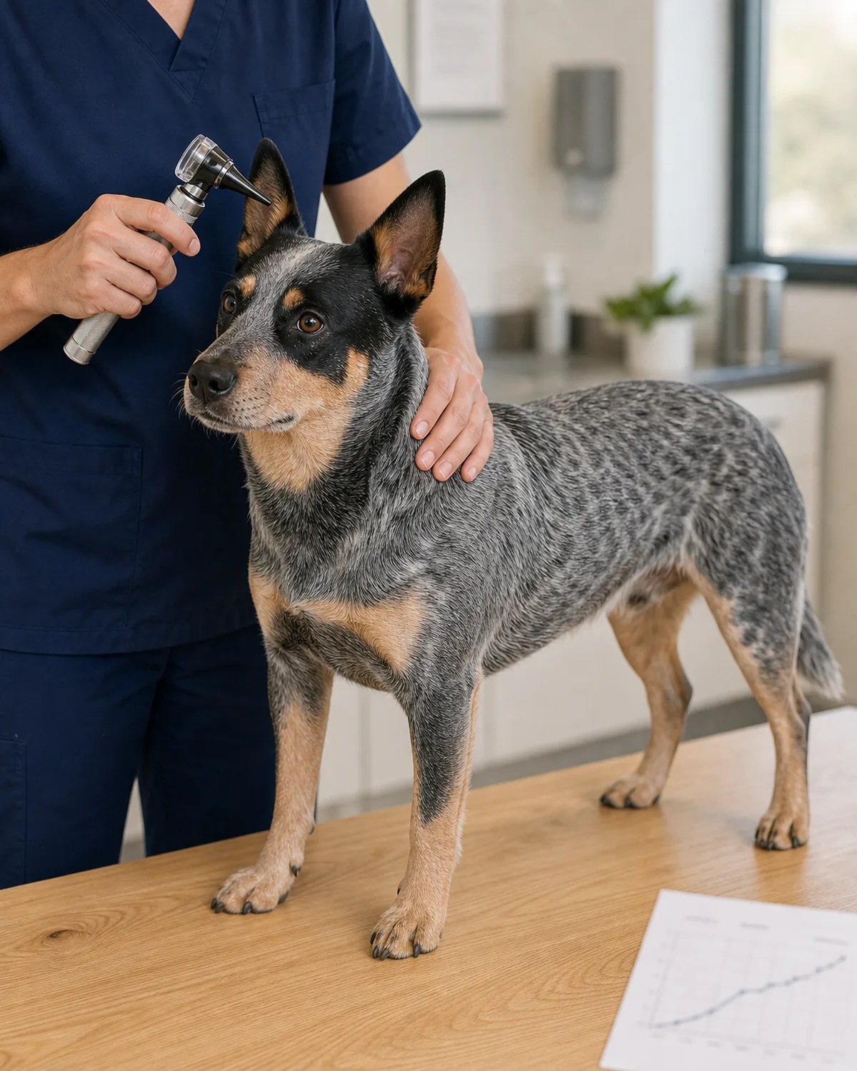 A medium short-smooth-coated blue-speckled with tan-mask compact muscular pricked-eared athletic herding dog standing calmly in profile on a plain unfinished wood vet exam table in a soft natural-lit clinic exam room, the vet's face out of frame in a plain navy scrub top with one gentle hand resting on the dog's shoulder for steadiness and the other holding a plain generic stainless-handle otoscope ready to look in the ear, a plain unbranded weight-curve chart deliberately out of focus on the table corner