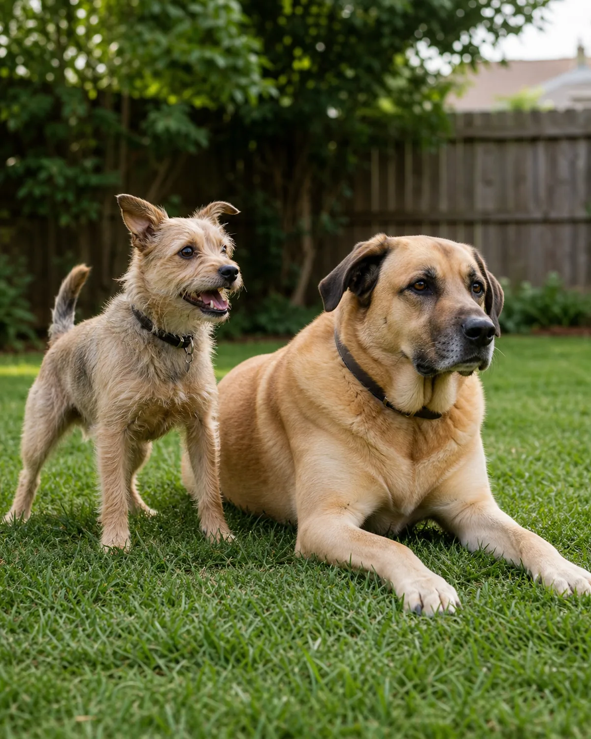 A small wiry dog standing alert and ready to move beside a much larger calm dog lying relaxed on a sunny backyard lawn