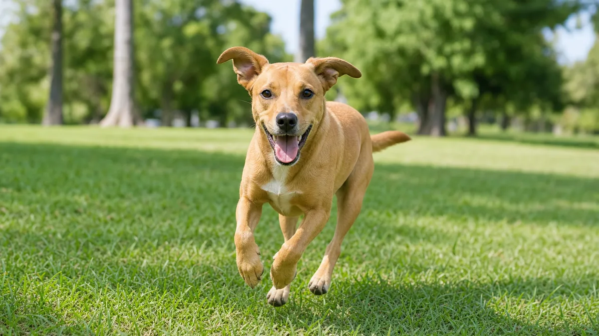 A happy medium-sized short-coated tan dog running across a sunny grass park toward the camera, ears flapping and tongue out, mid-stride in a natural gallop