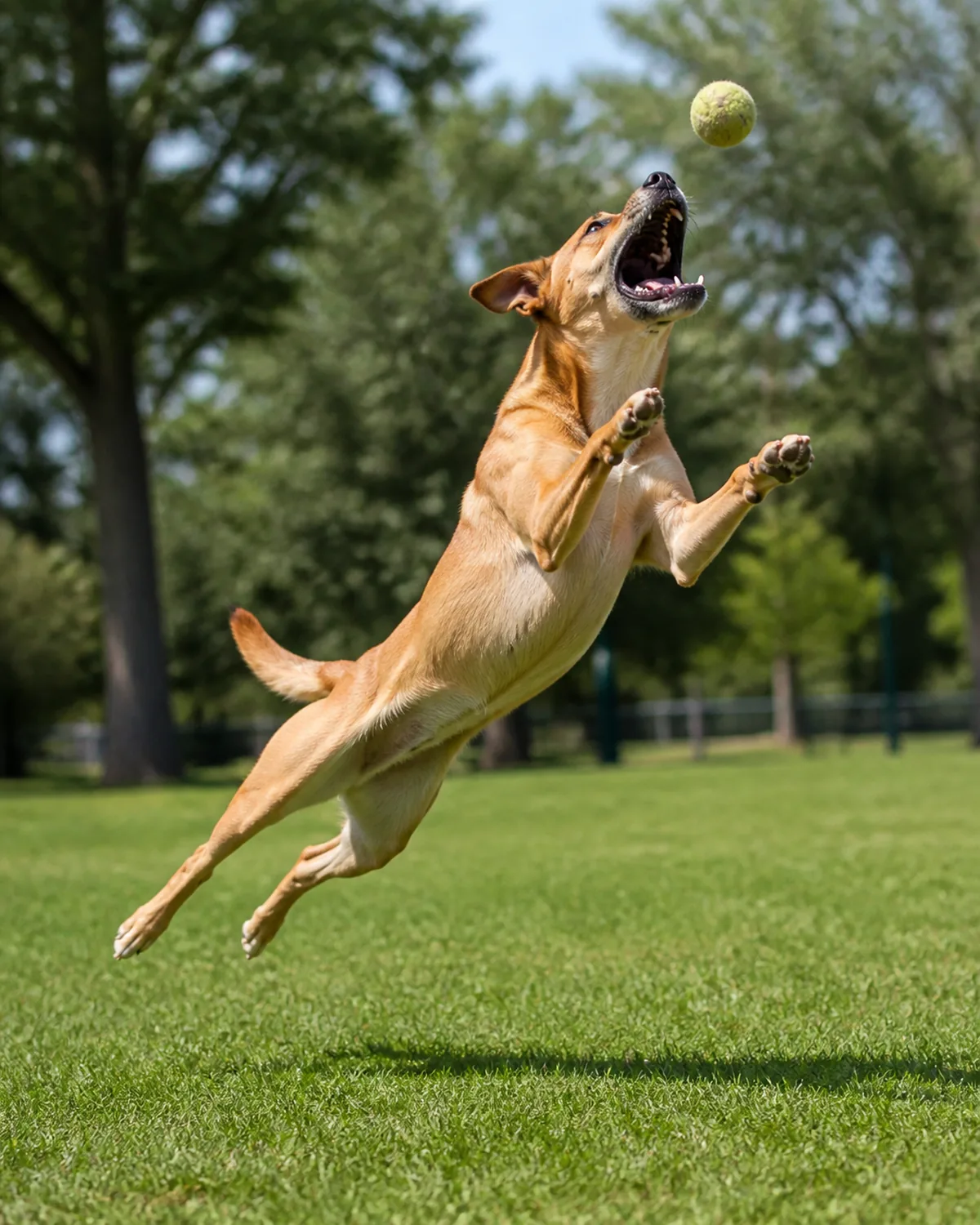An athletic medium dog leaping to catch a plain ball in mid-air over a grassy field, at full extension with lots of energy