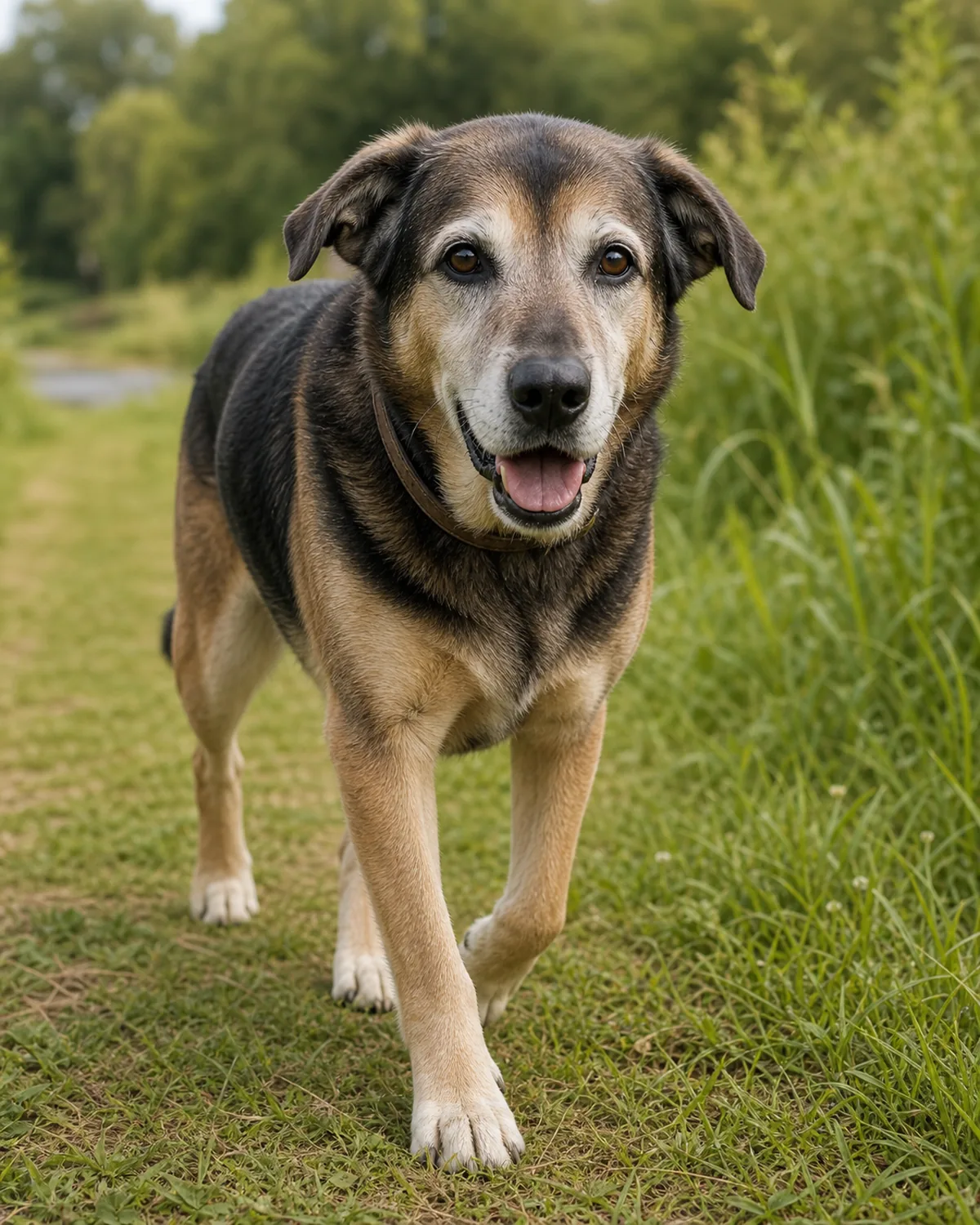 An older dog with a slightly grey muzzle walking calmly and comfortably on a gentle grass path at an easy pace in soft daylight