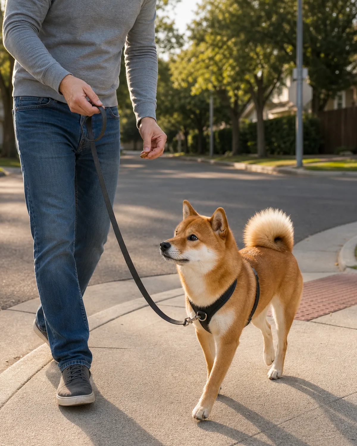 A small compact dog with a thick orange-red double coat and white underside, erect ears, a curled tail, and a fox-like face walking calmly on a slack leash beside the owner at a quiet residential street corner in soft afternoon light, a small chalk note on the curb is generic and unreadable