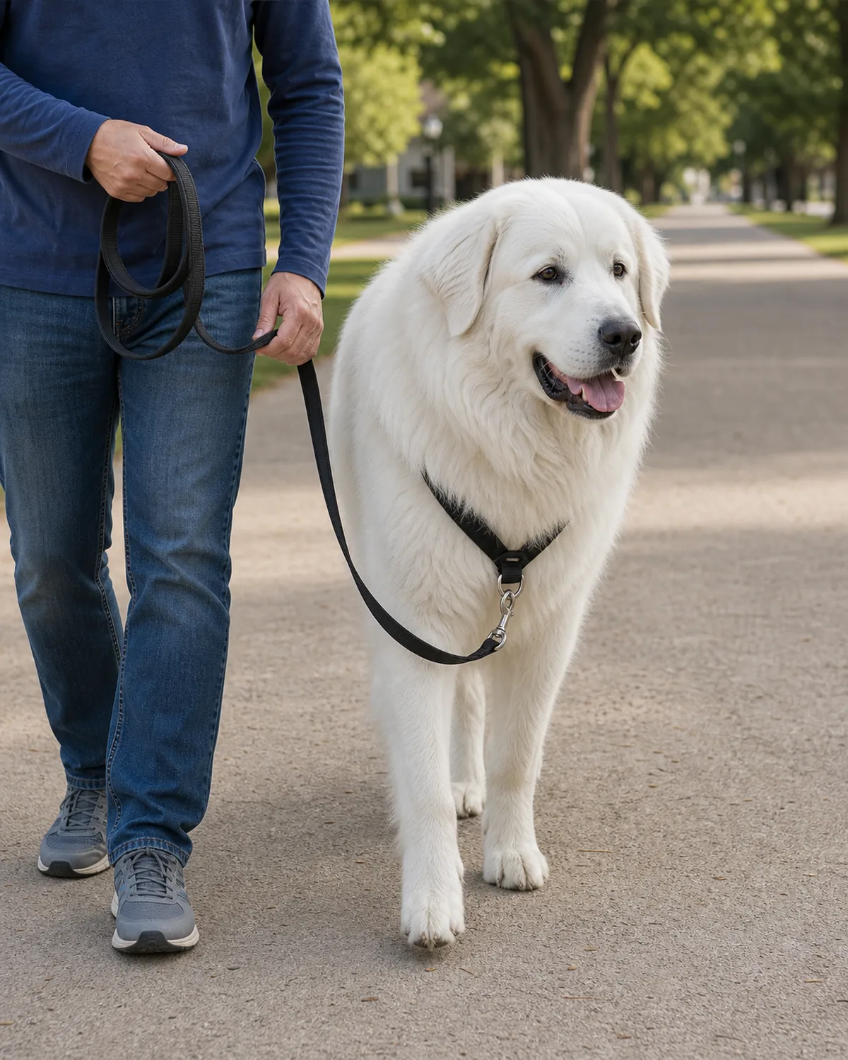 A giant dog with a thick solid-white long double coat, a mane around the neck, floppy ears, and a gentle face walking calmly beside the owner on a wide neighborhood path, the owner holding a plain front-clip harness leash with both hands โ main hand at the hip, second hand resting on the leash near the chest โ soft daylight