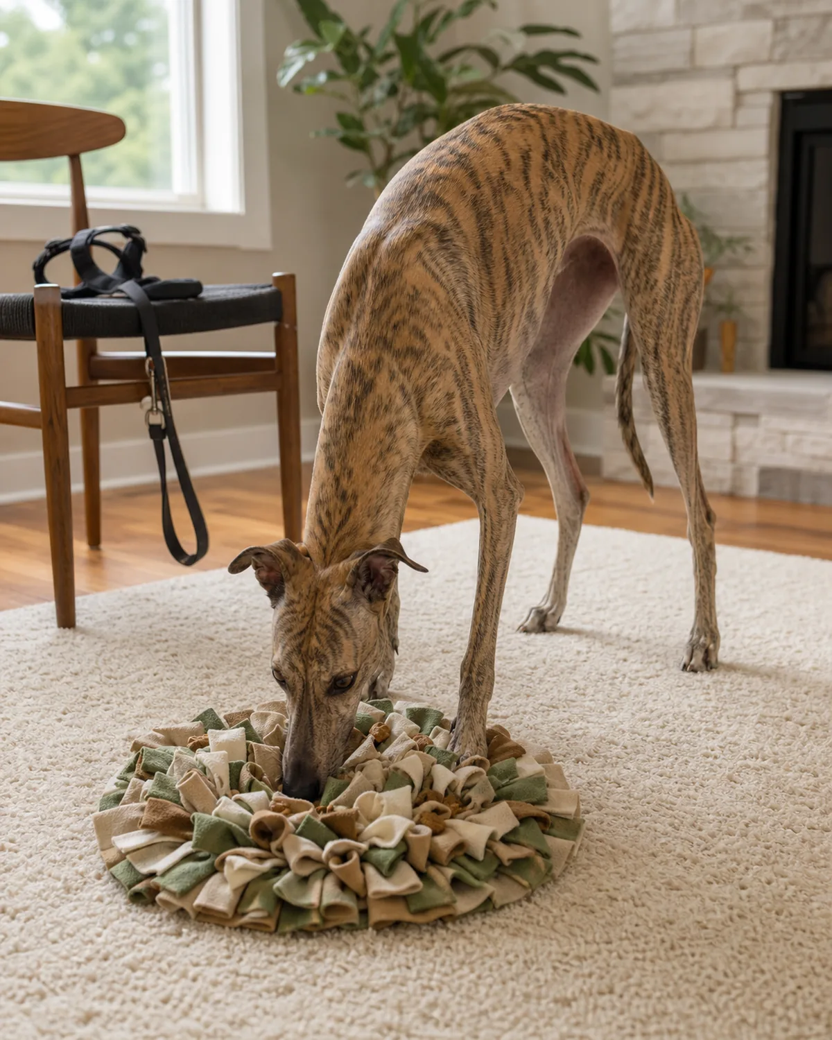 A lean deep-chested fawn brindle dog with a tucked waist, arched loin, very long slim legs, and a short coat sniffing intently at a soft snuffle mat scattered with small treats on a cream rug in a sunlit living room before the walk, a plain harness draped on a chair nearby