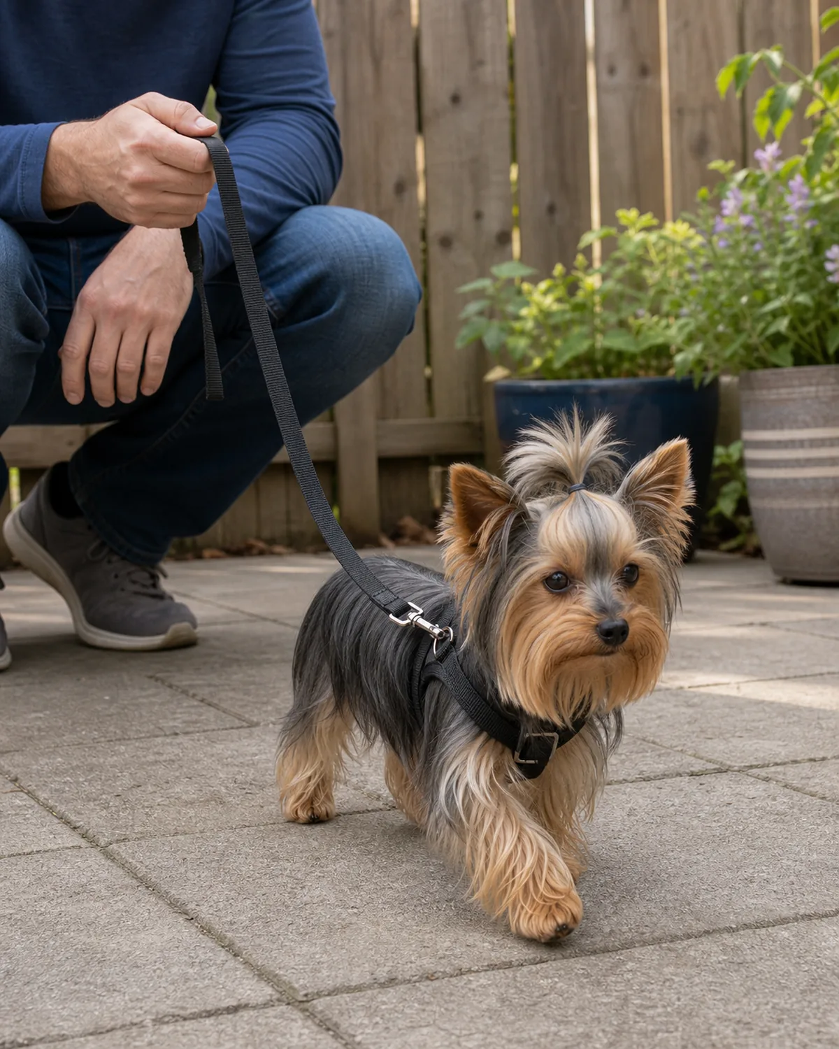 A tiny dog with a fine silky long steel-blue-and-tan coat, small erect ears, and a topknot walking calmly across a quiet back patio on a plain harness and leash with the owner crouched a step behind, soft late-morning daylight, a wooden fence in the background