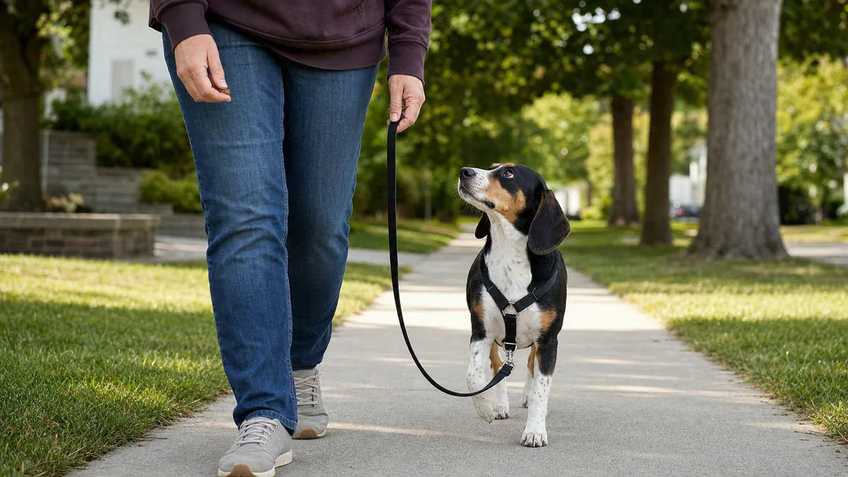 A small tricolor short-coated long-eared hound walking calmly beside its owner on a quiet neighborhood sidewalk in soft morning light, the leash hanging in a slack J-shape between them, the dog glancing up at the owner who holds a small treat at hip level