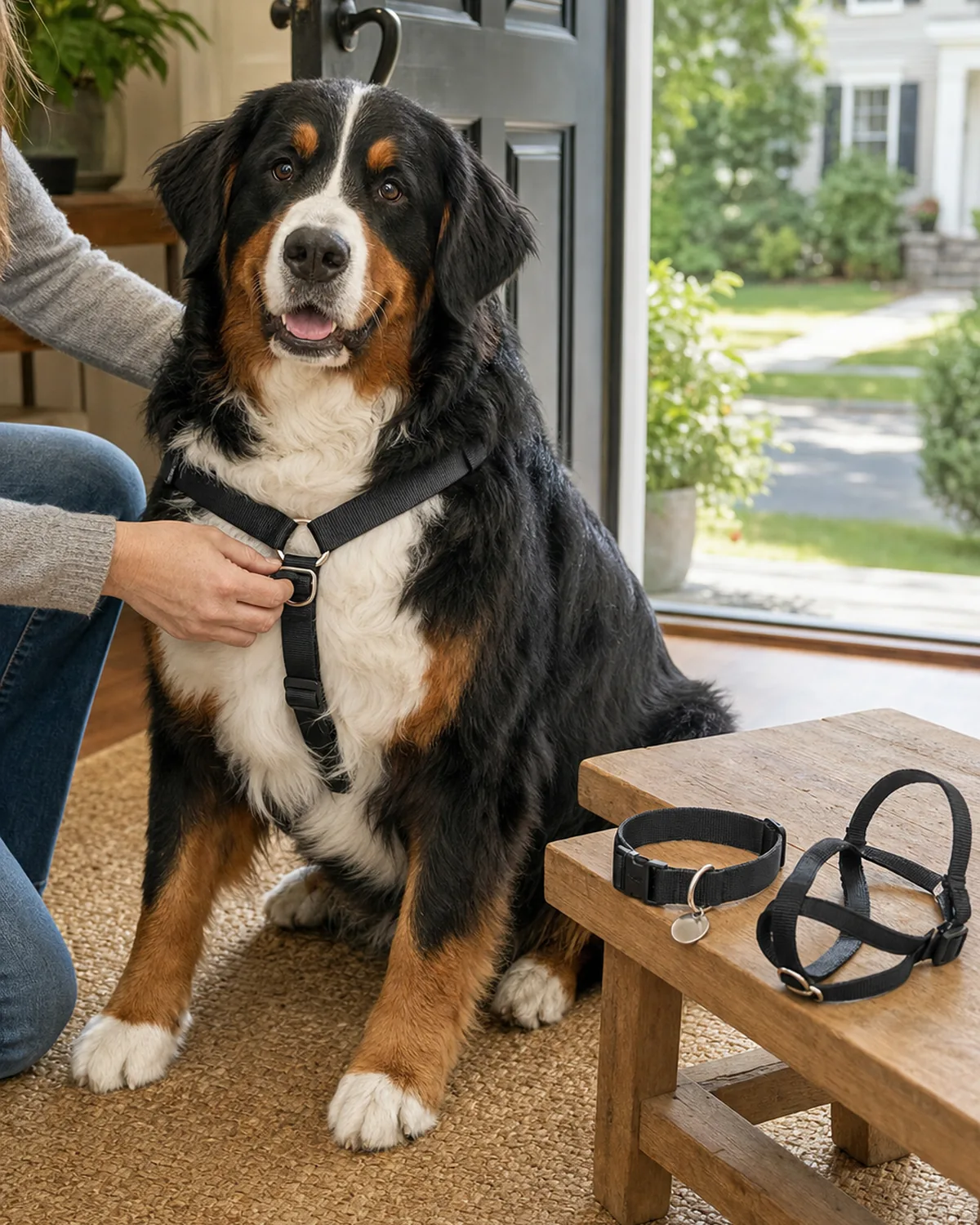 A large sturdy tricolor long-coated dog with a black body, rust eyebrows and legs, and a white chest blaze, sitting calmly while the owner kneels beside it adjusting a plain front-clip harness; a plain flat collar with a small ID tag and a plain head halter sit on a low wooden bench beside them in soft daylight