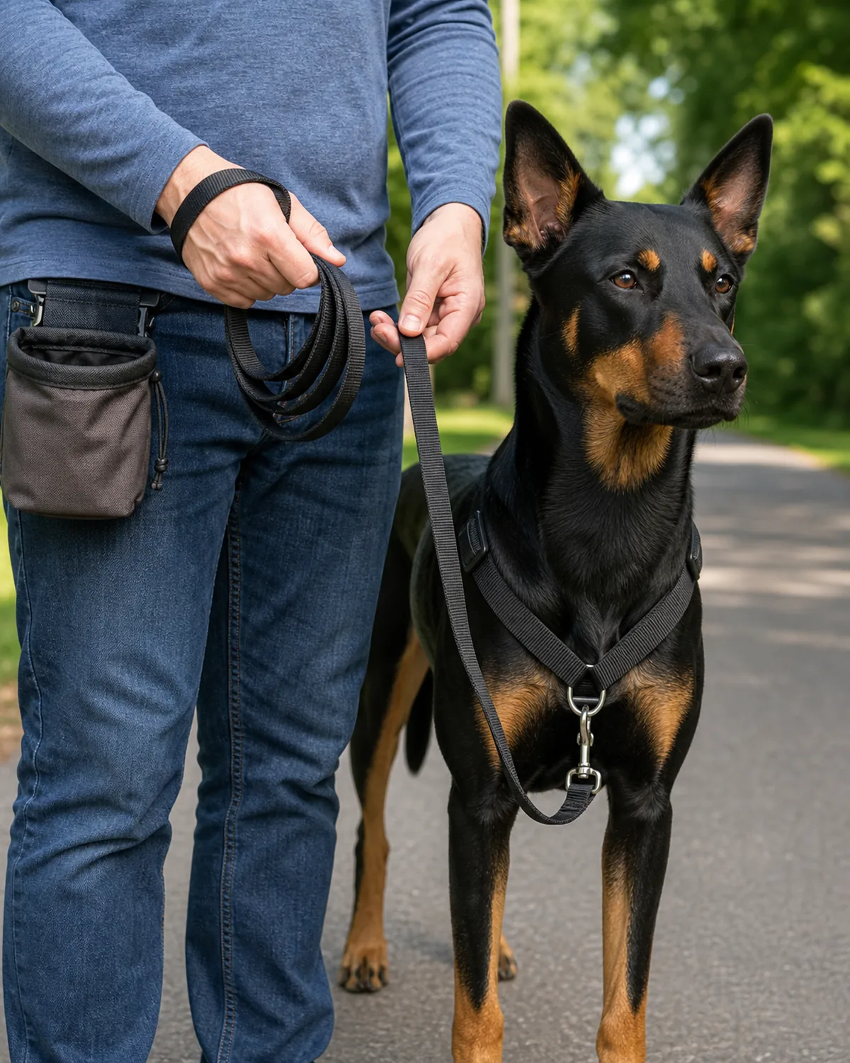 A clean medium close-up of an owner's hands holding a plain fixed-length four-to-six-foot leash threaded through the thumb loop and coiled in a J-shape at hip level beside a large lean muscular black-and-tan short-coated dog with sharp rust points, upright ears, and a long muzzle standing calmly at the owner's left side