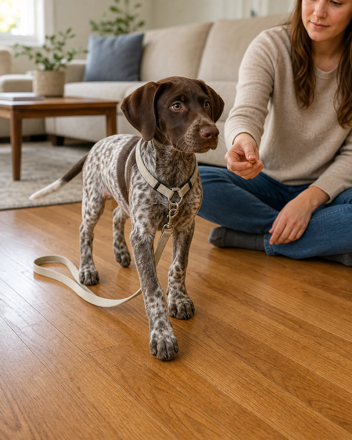 A medium lean dog at a young age with a short liver-and-white ticked coat, floppy ears, and an athletic frame wearing a plain harness with a short light leash trailing behind it on a hardwood living-room floor, the owner sitting on the floor a few feet away watching calmly with a small treat ready
