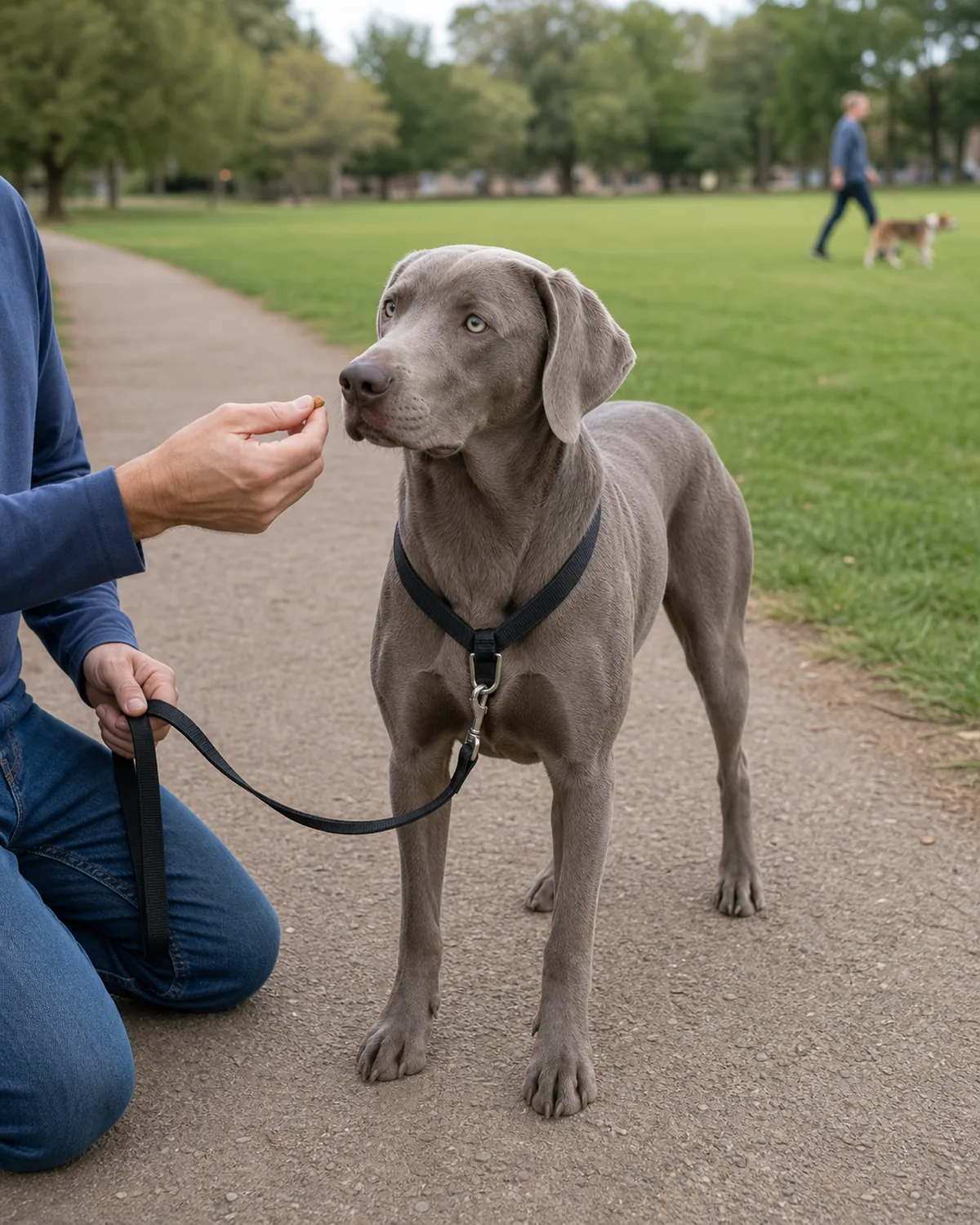 A large sleek dog with a solid silver-grey short coat, floppy ears, pale eyes, and an athletic build standing calmly on a quiet path while the owner kneels beside it offering a treat at the dog's eye level, another dog visible far in the background at a safe distance across an open lawn