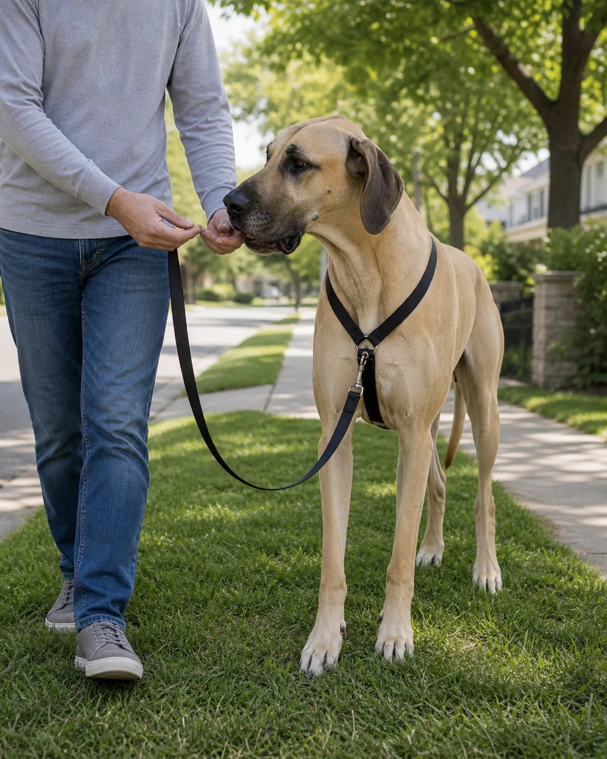 A very tall lean giant dog with a short fawn coat, long legs and neck, and floppy ears walking calmly at the owner's left side on a soft grass strip, the owner reaching down with a small treat at the dog's mouth level while the leash hangs in a clean J-shape between them