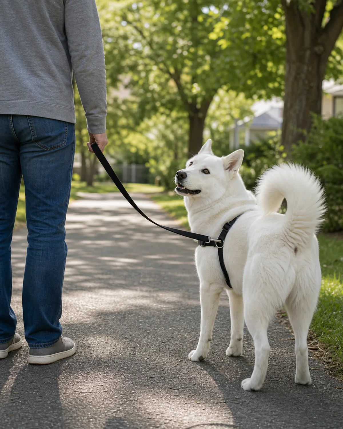 A large athletic dog with a thick pure-white stand-off double coat, erect ears, and a curled tail standing on a paved neighborhood path, the owner standing perfectly still and quiet with the leash taut for a beat, the dog turning its head back to look at the owner
