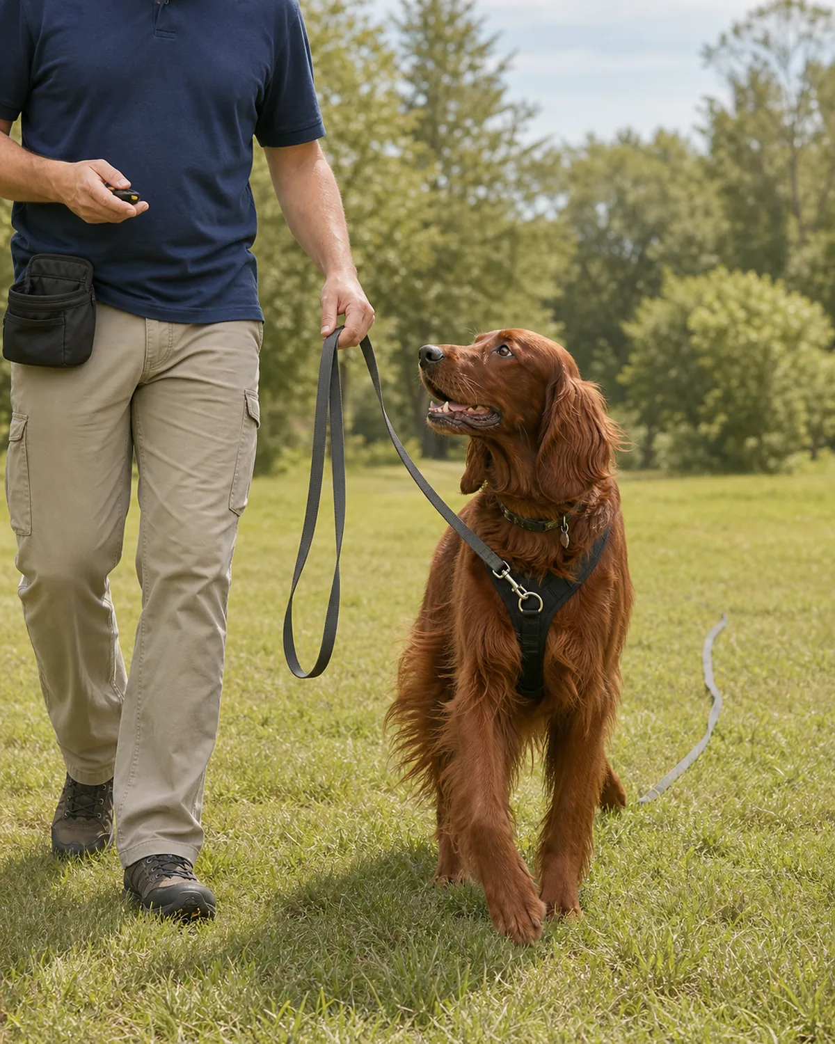 A large lean dog with a solid deep mahogany-red long silky feathered coat and long floppy ears walking calmly on a long line beside a professional trainer in a soft sunlit grassy open space, the trainer's face out of frame, just a calm gloved hand visible holding the line, no prong or choke collar present