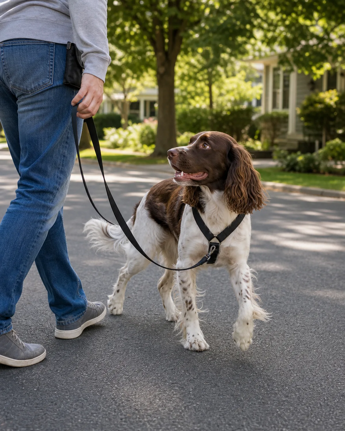 A medium athletic dog with a liver-and-white silky medium coat, long feathered drop ears, and feathered legs mid-stride during a calm 180-degree turn on a quiet residential street, the owner stepping forward through the turn while the dog follows along beside on a slack leash