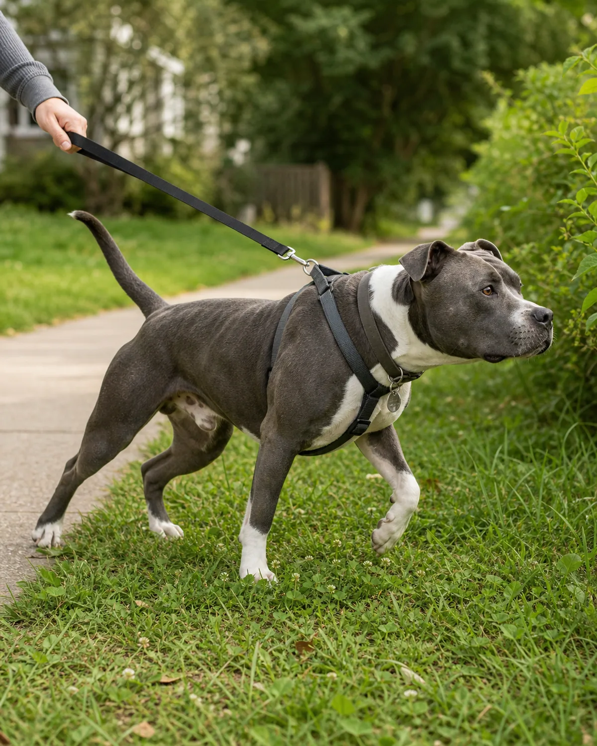 A medium muscular blue-grey-and-white short-coated dog with a broad blocky head and wide-set eyes leaning into the leash on a grassy strip beside a quiet sidewalk, the owner's arm pulled forward while the dog watches a smell ahead, no prong or choke collar in sight
