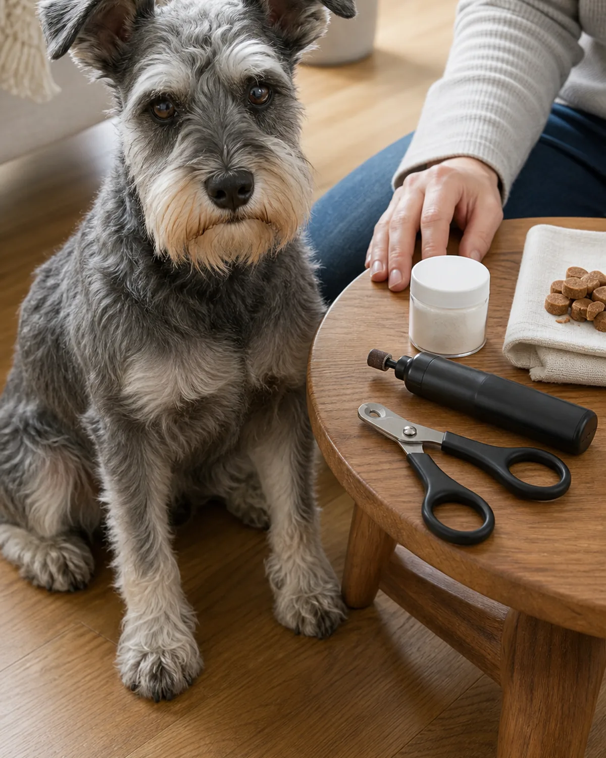 A small wiry salt-and-pepper grey dog with a beard and semi-erect ears sitting calmly on a hardwood floor next to a small wooden side table; on the table, a plain scissor-style clipper and a plain small rotary grinder lie side by side with an unbranded jar of styptic powder nearby