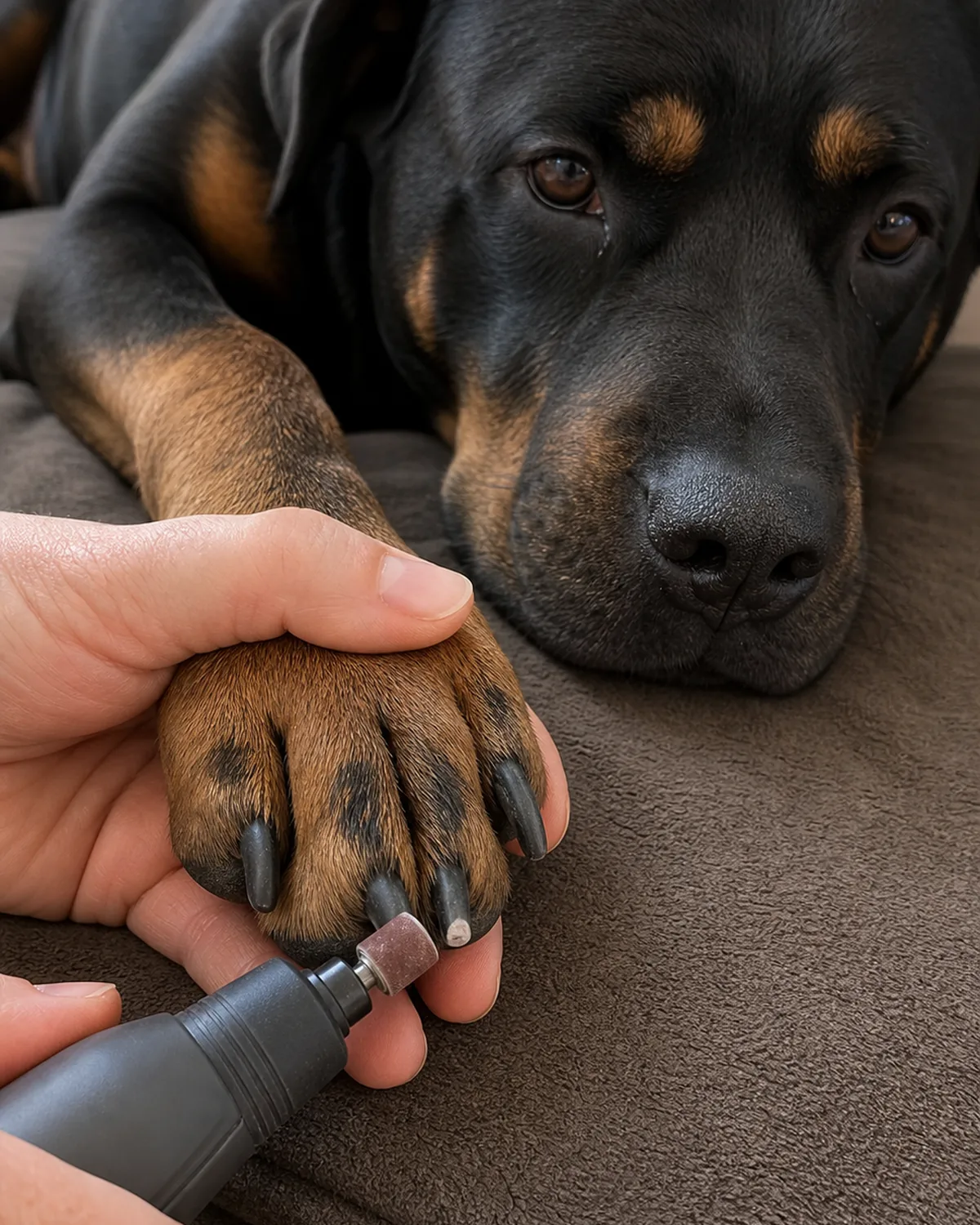 A clean medium close-up of the front paw of a large black-and-tan blocky-head short-coated dog lying calmly on a soft mat, owner's hand holding a plain unbranded small rotary grinder gently touching the tip of one dark nail, an adjacent already-trimmed nail showing a chalky-white cut face