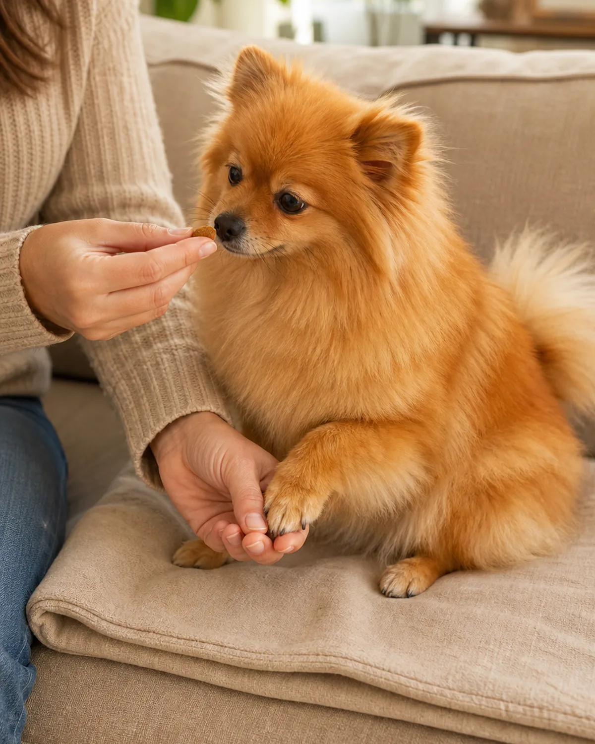 A tiny fluffy bright-orange double-coat dog with a foxy face and small erect ears sitting on a folded soft beige sofa cushion in a sunlit living room, owner gently cupping one front paw while offering a small treat at the dog's mouth level, no tools in frame