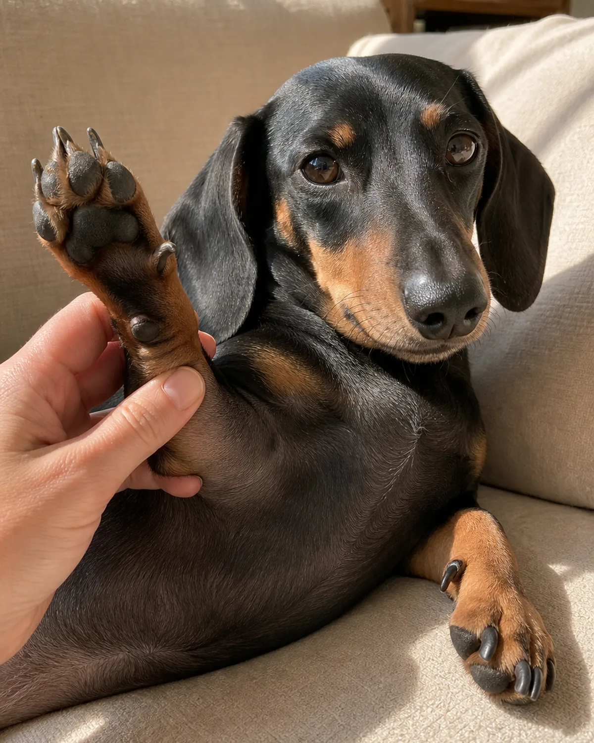 A small black-and-tan smooth-coated dog with a very long low body and short legs lying calmly on its side on a soft cream couch cushion in a sunlit living room, owner gently turning the front leg outward to clearly reveal the dewclaw on the inner side of the foreleg above the wrist, slightly overgrown