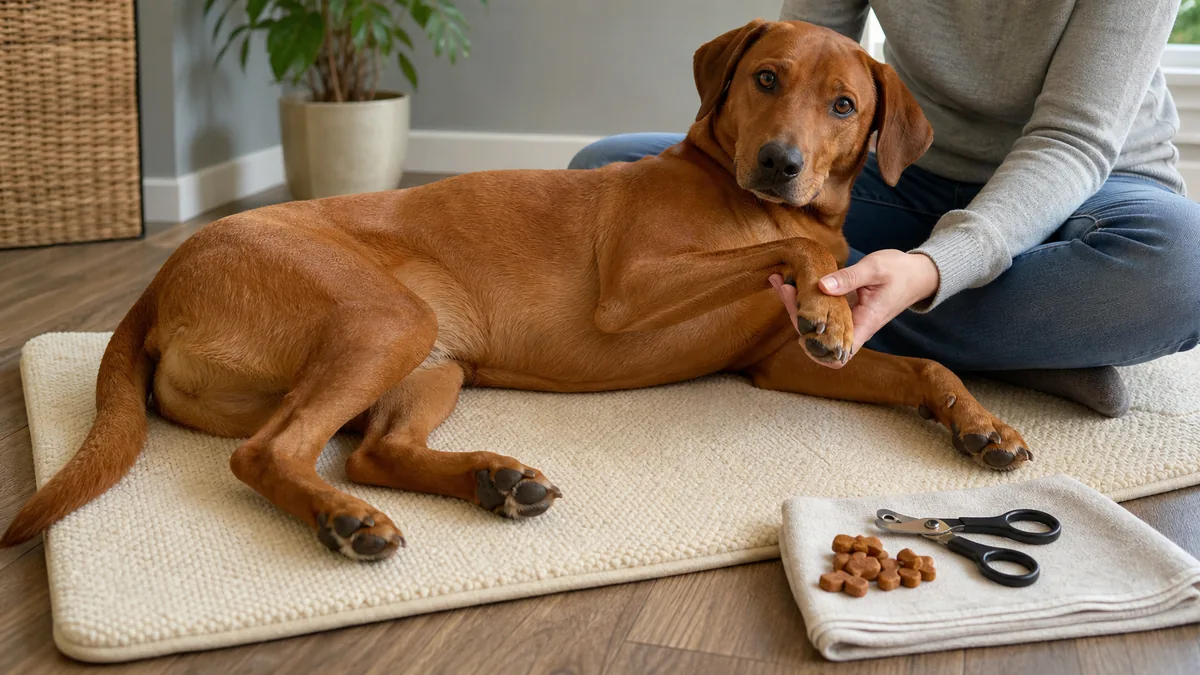 A medium-large rusty-golden short-coated dog with floppy ears lying calmly on a soft cream non-slip mat in a sunlit corner of a home, owner seated beside the dog gently holding one front paw at a relaxed angle with a plain scissor-style clipper and a small pile of treats resting nearby