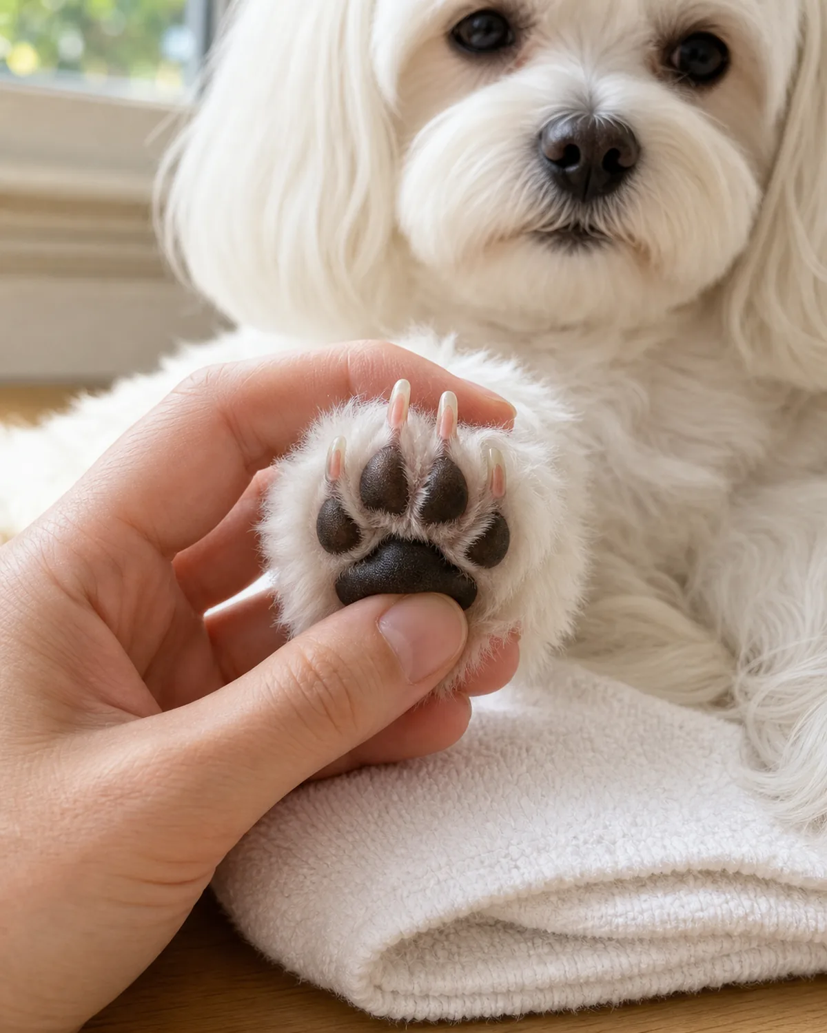 A clean medium close-up of the front paw of a small pure-white long-silky-coated dog with floppy ears lying on a folded white towel in soft daylight, owner's hand pressing the foot pad upward to expose light translucent nails with the pink quick clearly visible inside