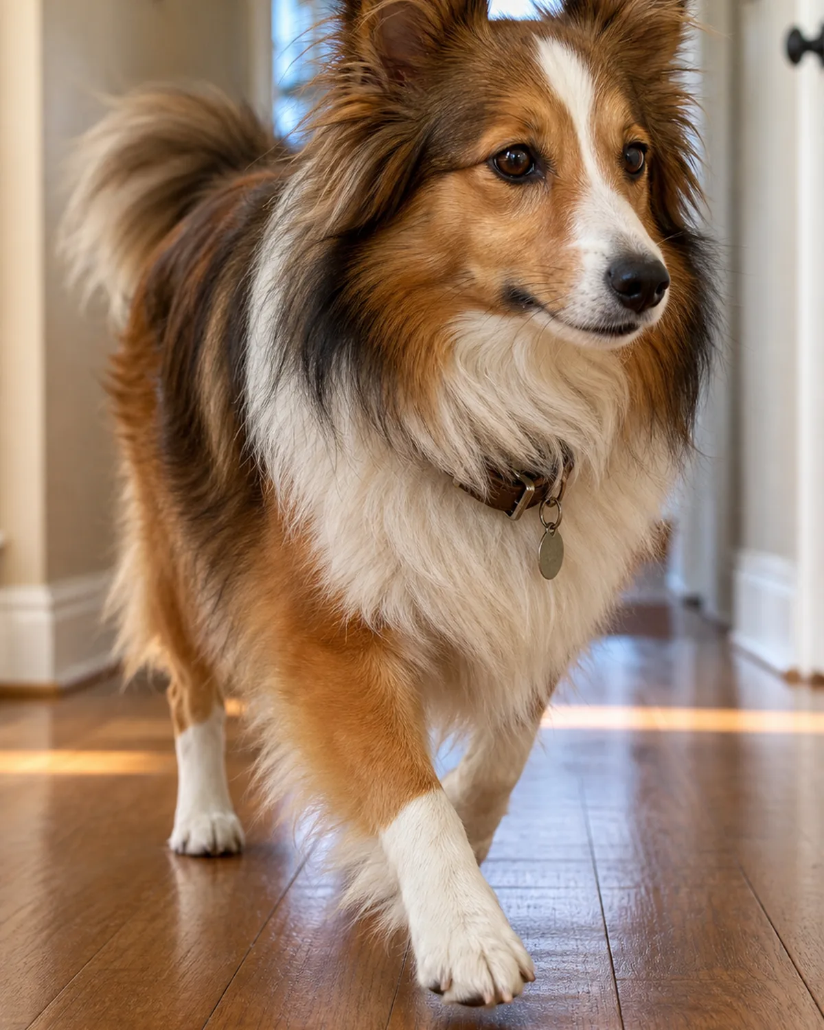A small sable-and-white long-coated dog with semi-erect ears and a fine long muzzle walking briskly across a polished hardwood hallway in soft daylight, paws focused mid-step with the front nails clearly tucked above the foot-pad line