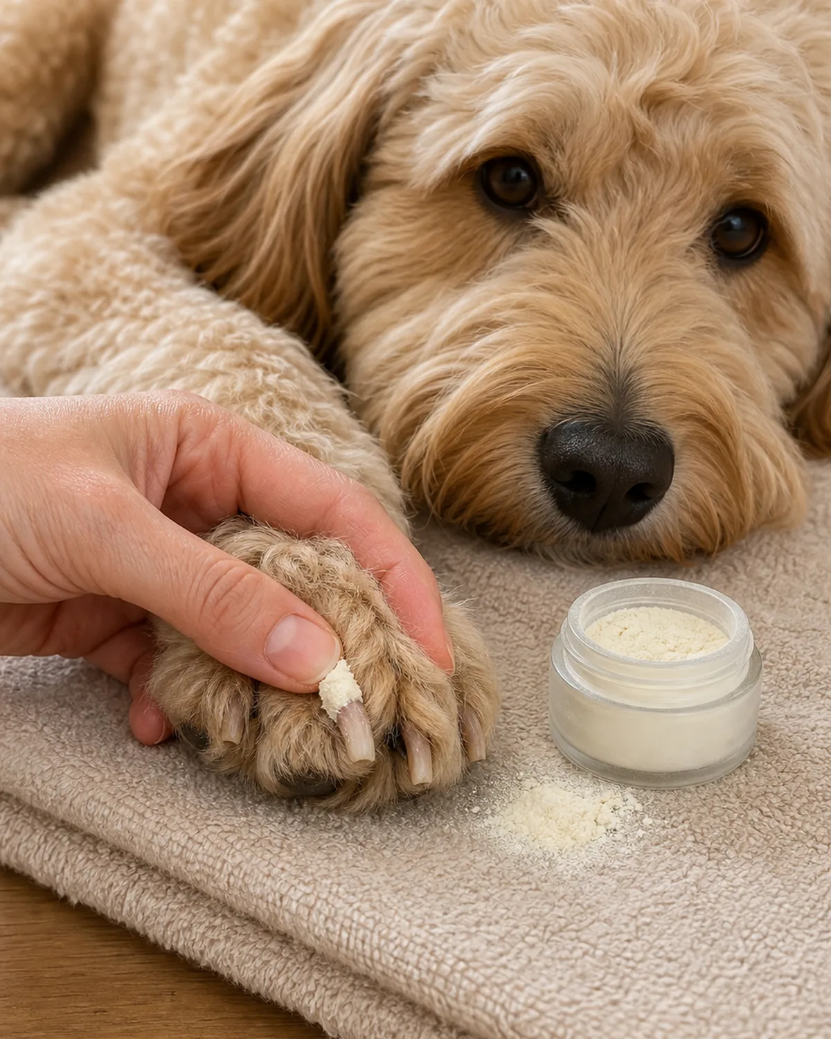 A clean medium close-up of the front paw of a medium shaggy wavy-coated apricot-cream dog with floppy ears lying calmly on a folded soft towel, owner's index finger dipped in plain pale-cream powder pressing firmly on a nail tip with a plain open unbranded jar of styptic powder beside, no visible blood