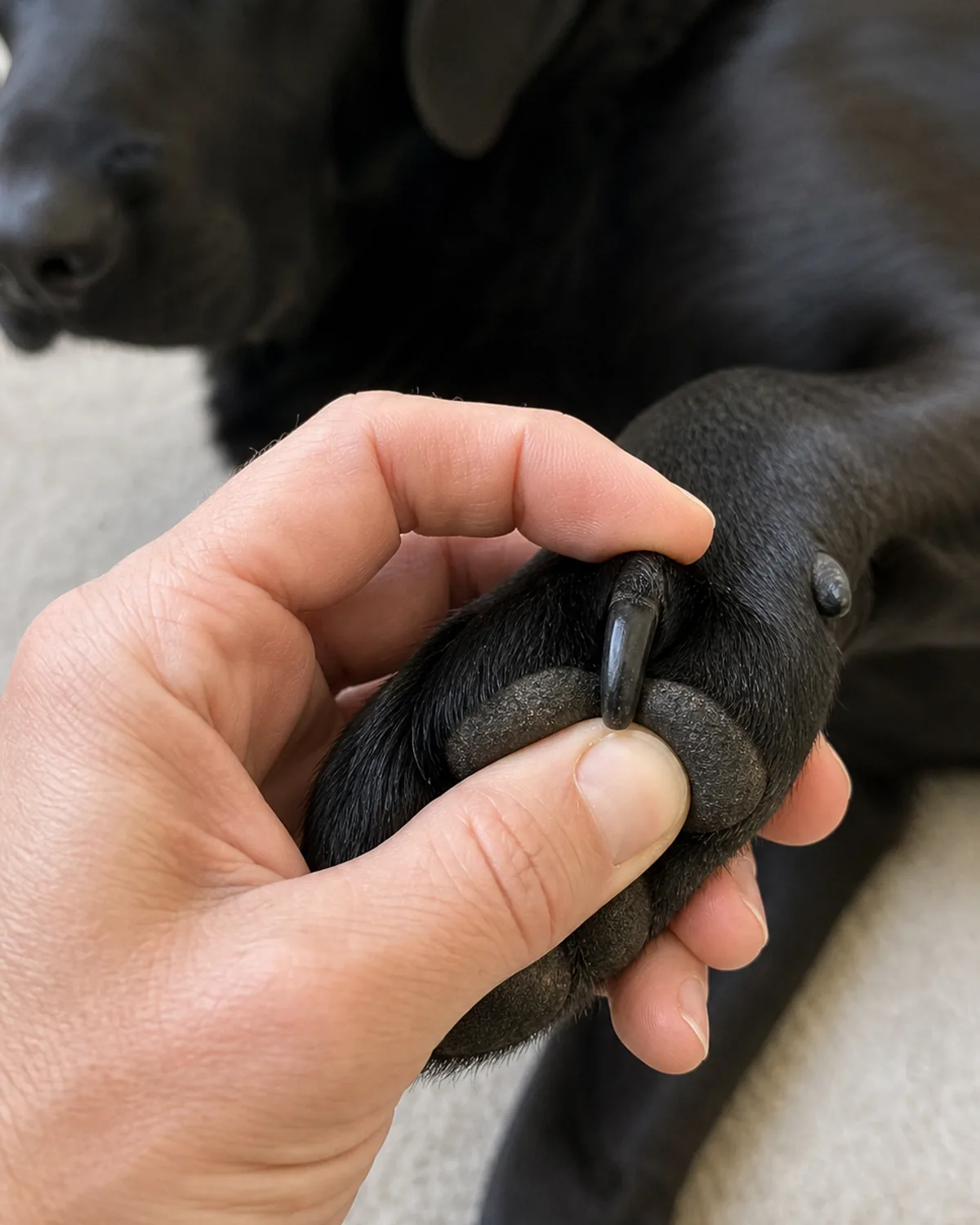 A clean extreme close-up of an owner's hand holding a single front toe of a large solid-black short-coated dog, thumb pressing the foot pad upward, index finger bracing the toe knuckle, only one dark nail clearly exposed while the rest of the toes are tucked under the hand, no clipper in frame