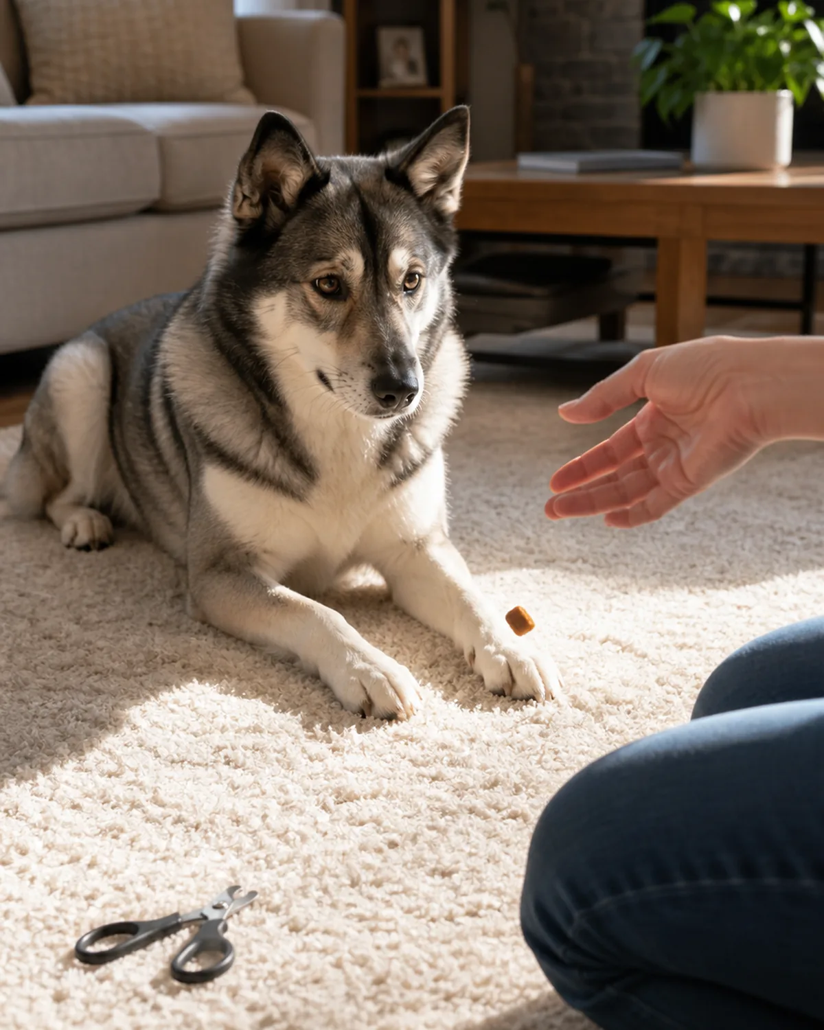 A medium grey-and-white double-coat dog with a symmetric darker facial mask and erect triangular ears lying calmly on a soft cream area rug in a sunlit living room, a plain unbranded scissor-style nail clipper resting on the rug a few feet away, owner sitting back a step softly tossing a treat toward the dog