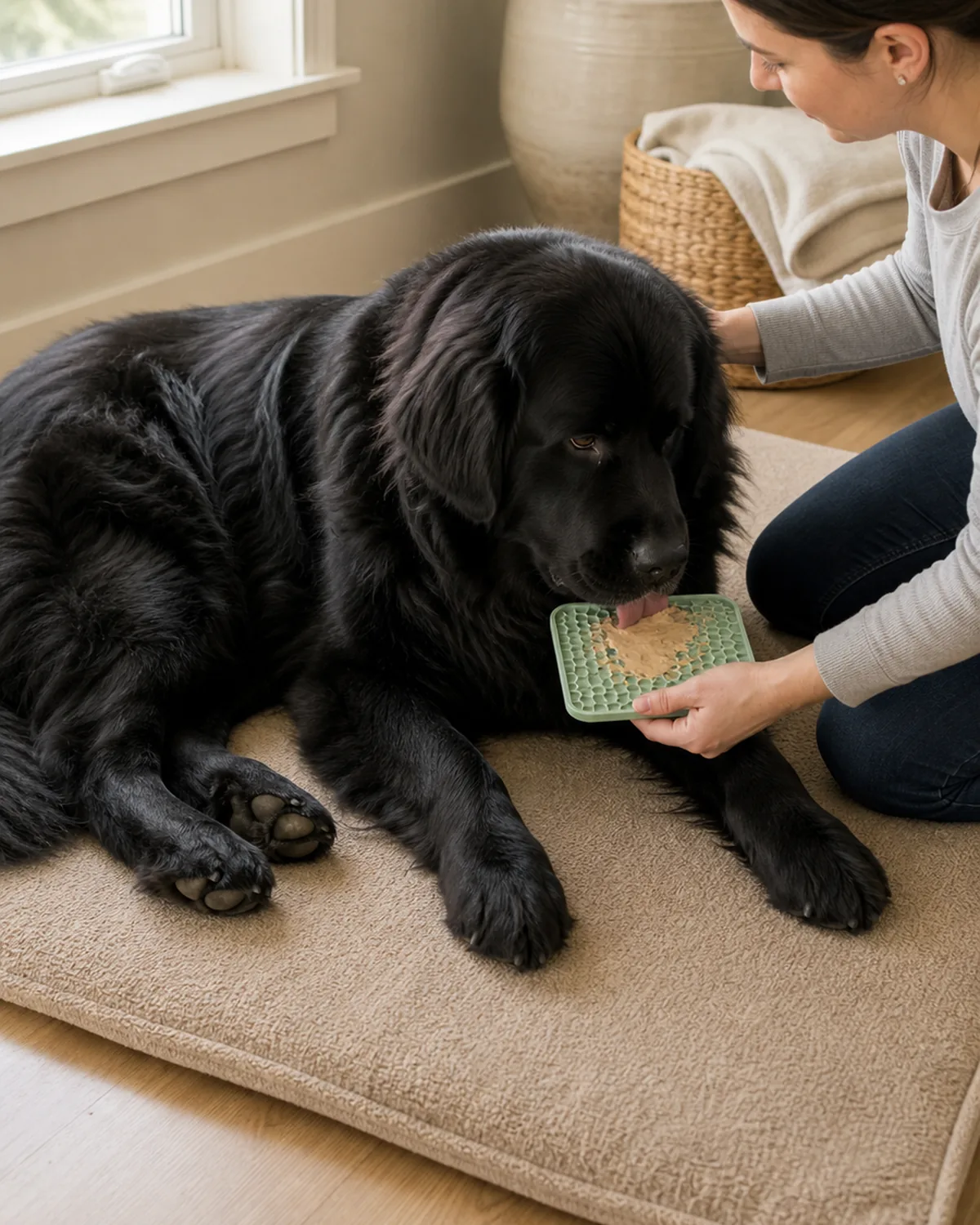 A giant solid-black long-coated dog with floppy ears lying calmly on its side on a large soft non-slip floor mat in a quiet corner of a home, owner kneeling beside the dog straddling the hips and holding a plain unbranded lick mat smeared with soft food up at the dog's nose